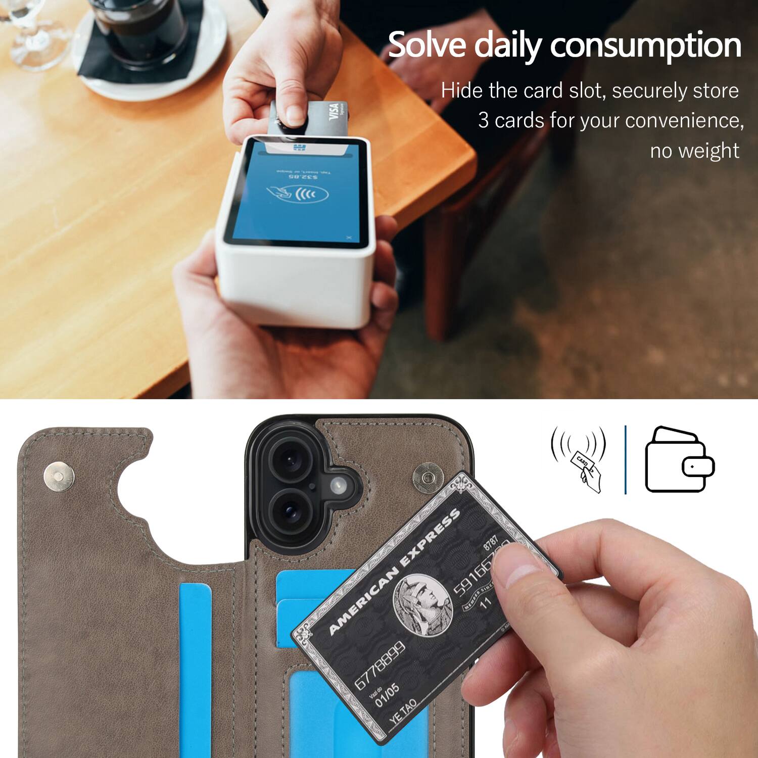 Solve daily consumption  
Hide the card slot, securely store 3 cards for your convenience, no weight  

AMERICAN EXPRESS  
8787 59166 166 59  
67788999 - 01/05  
TAO YETAQ YE  
CARL