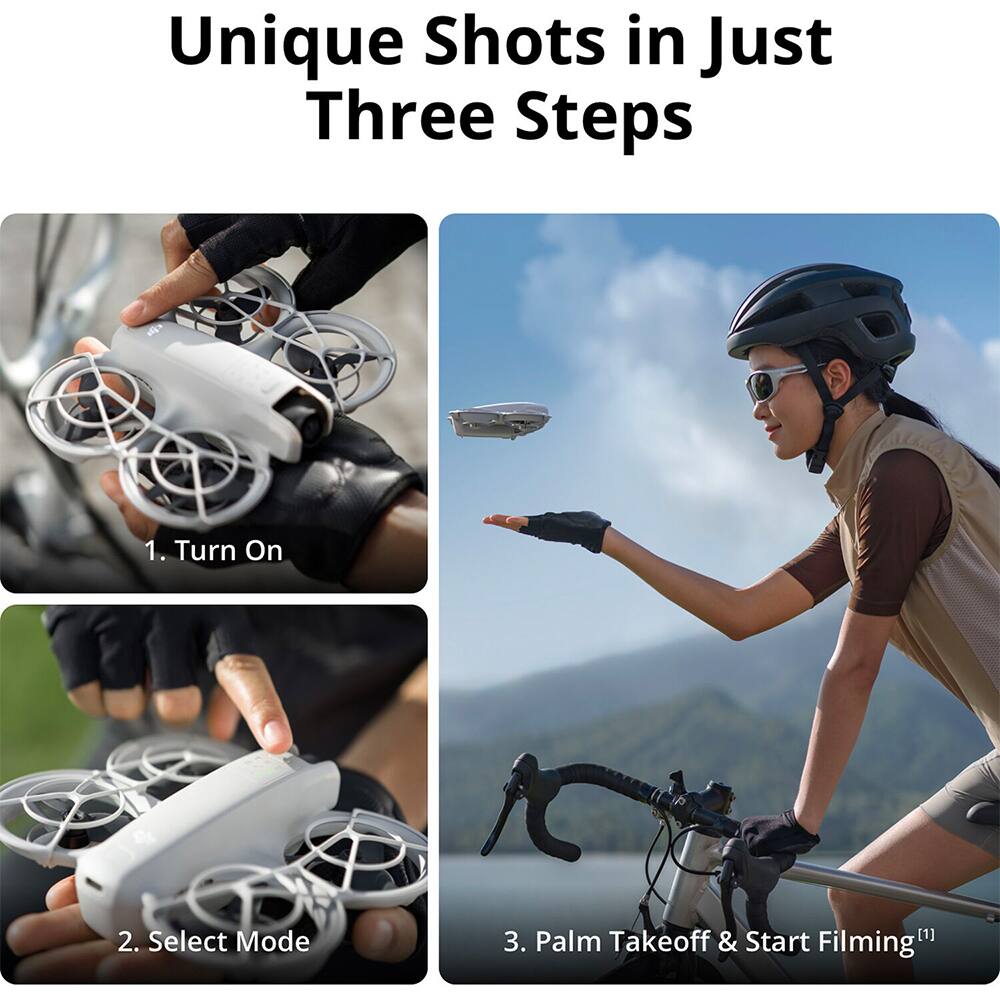 Unique Shots in Just Three Steps

1. Turn On
2. Select Mode
3. Palm Takeoff & Start Filming