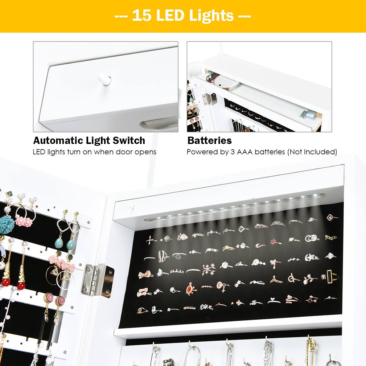 15 LED Lights - Automatic Light Switch - LED lights turn on when door opens - Powered by 3 AAA batteries (Not Included)
