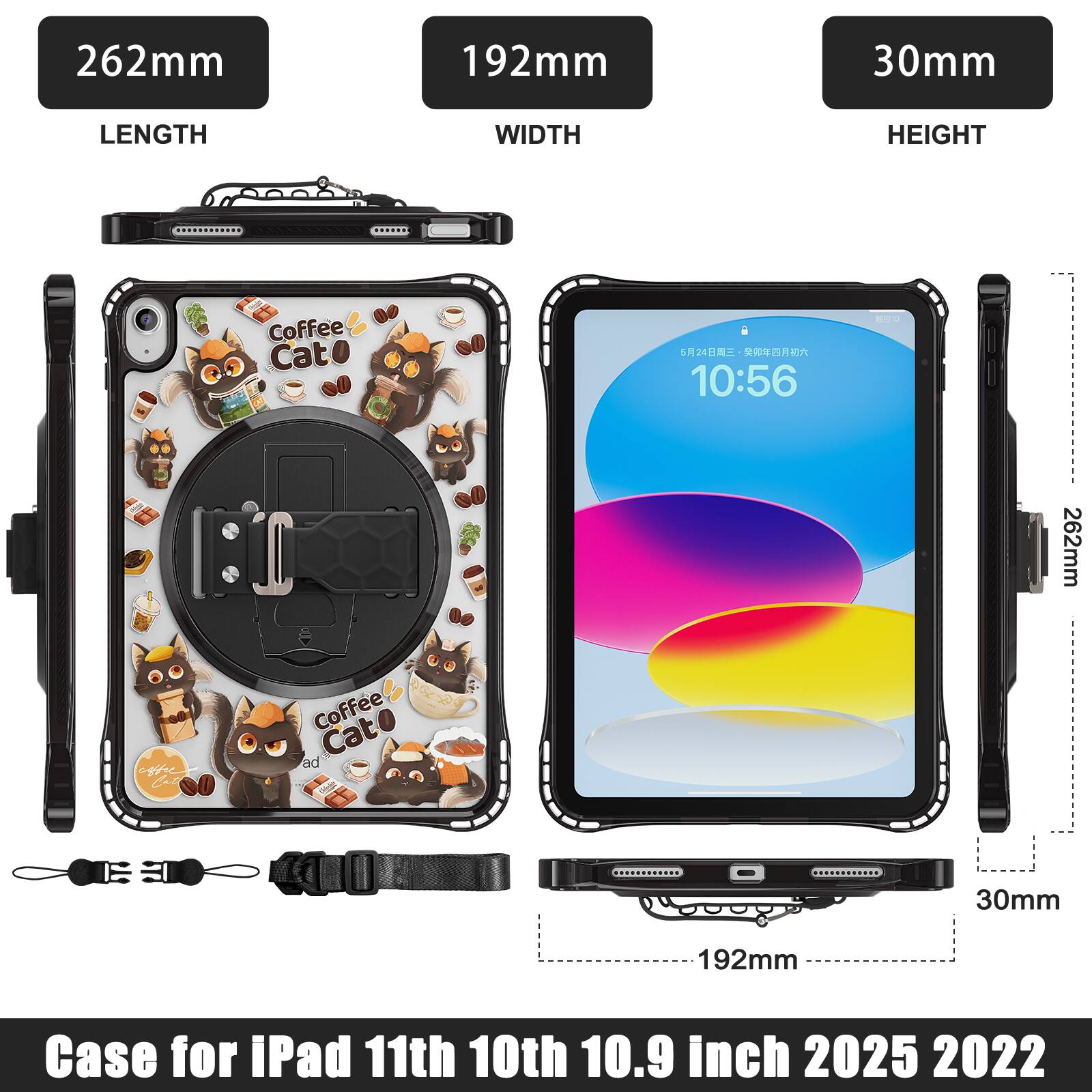 262mm 192mm 30mm LENGTH WIDTH HEIGHT Coffee Cat 524 10:56 BO 262mm cgfc C Coffee Cat ad Ohn 30mm 192mm Case for iPad 11th 10th 10.9 inch 2025 2022