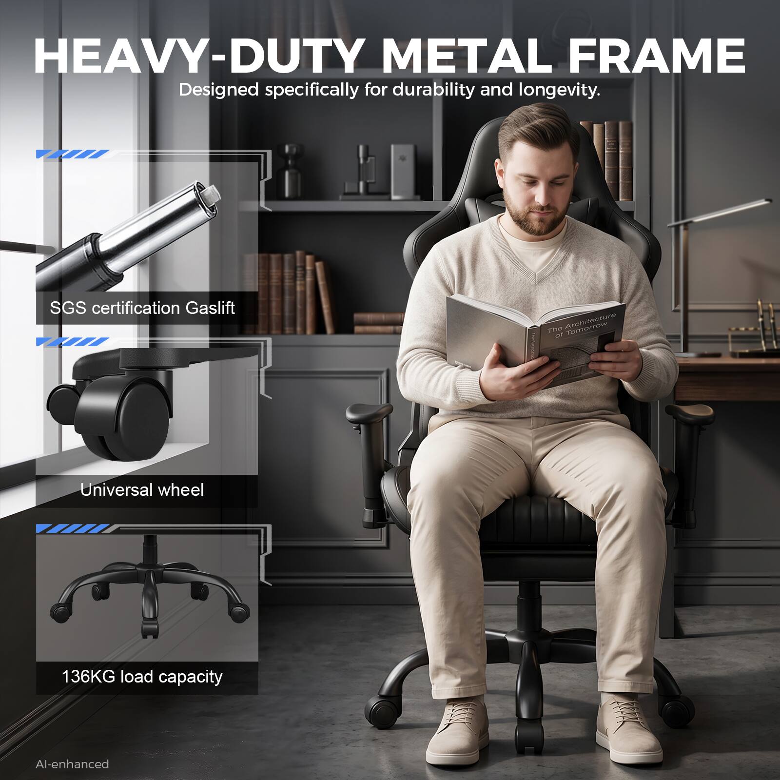 HEAVY-DUTY METAL FRAME  
Designed specifically for durability and longevity.  

SGS certification Gaslift  

Universal wheel  

136KG load capacity  

Al-enhanced