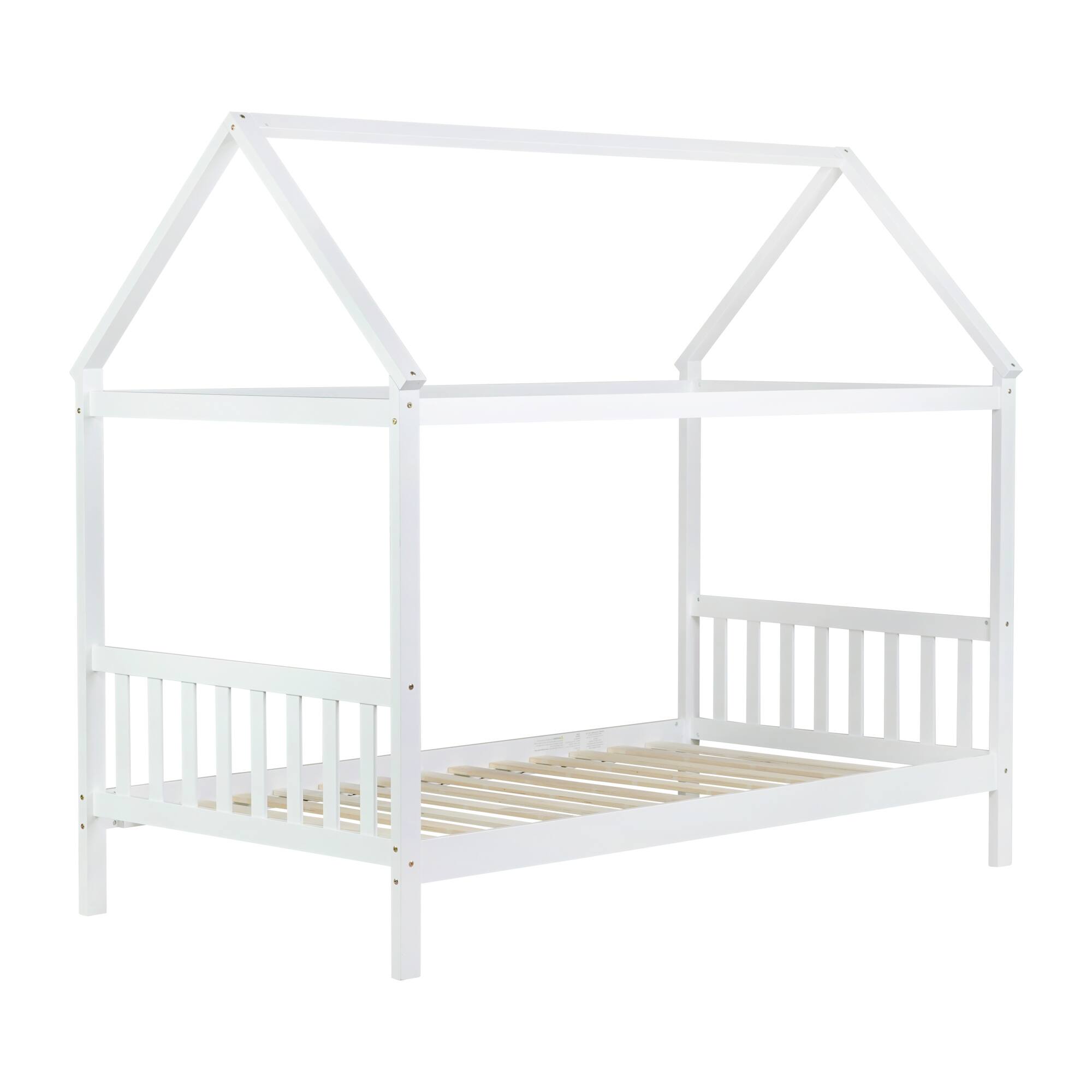 Alt View 10. GOODSILO - Twin Size House Frame Bed with Headboard and Footboard in Light Wood Finish - White.
