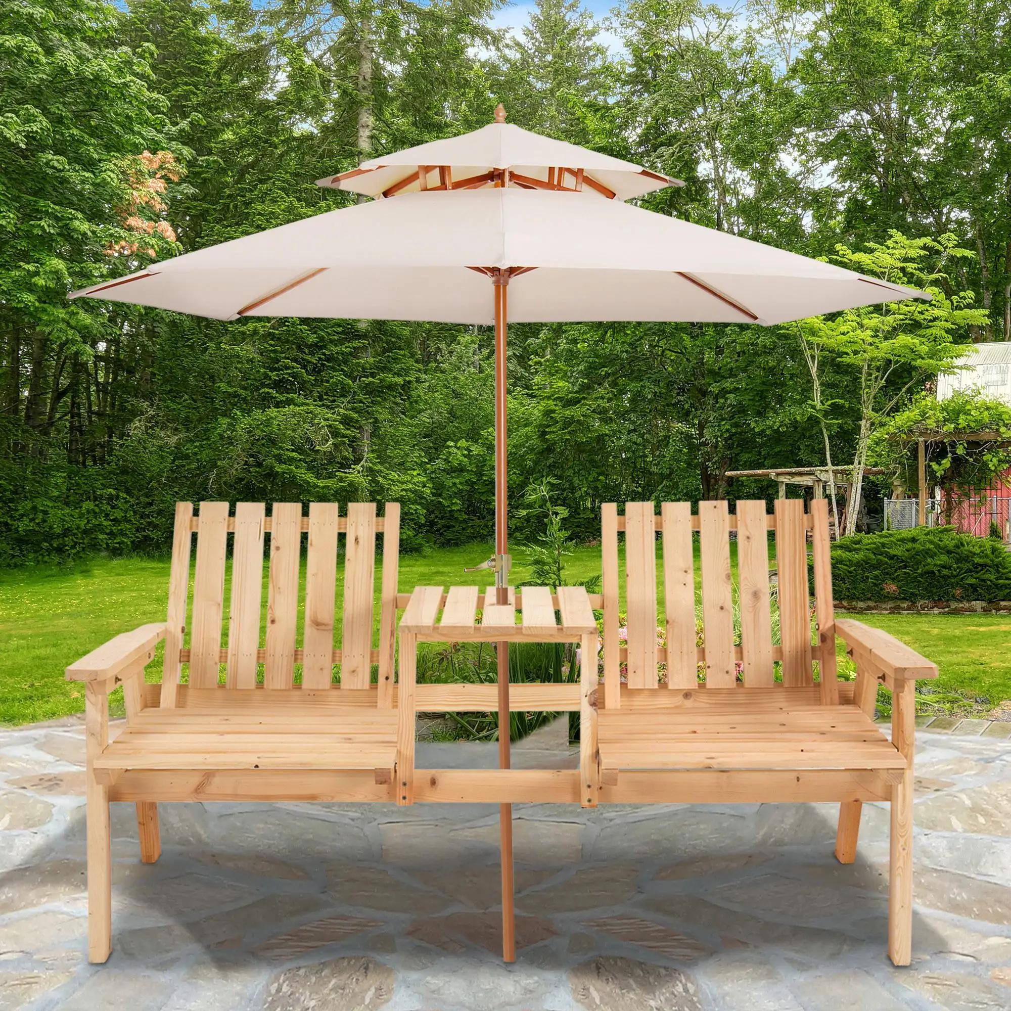Left. Resenkos - Resenkos Outdoor Bench with Table & Umbrella Hole, Wooden Garden Bench, Perfect Patio, Poolside Seating, Natural Wood - Natural Wood.