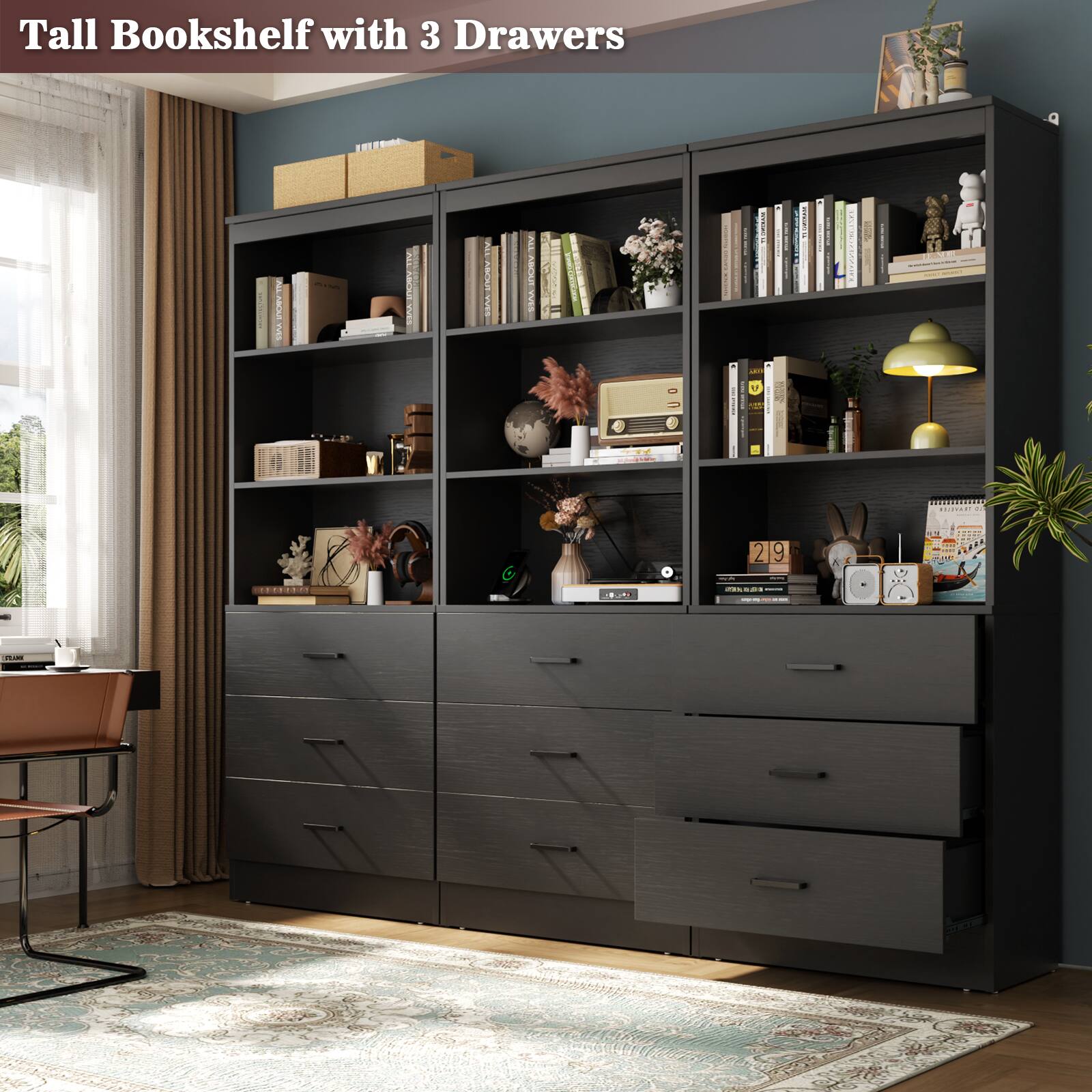 Tall Bookshelf with 3 Drawers