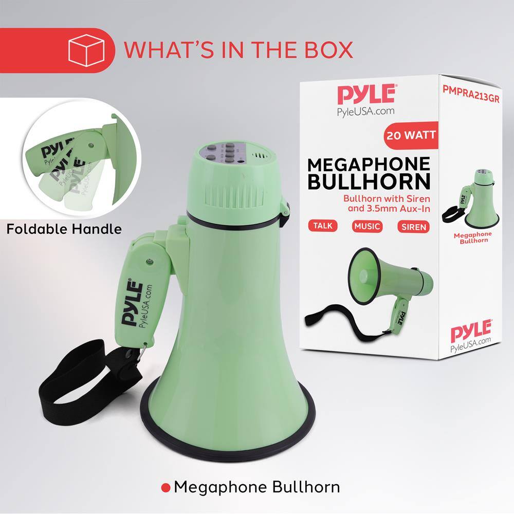 WHAT'S IN THE BOX

- Foldable Handle
- Megaphone Bullhorn

PYLE  
PyleUSA.com  
PMPRA213GR  
20 WATT  
MEGAPHONE BULLHORN  
Bullhorn with Siren and 3.5mm Aux-In  
TALK MUSIC SIREN