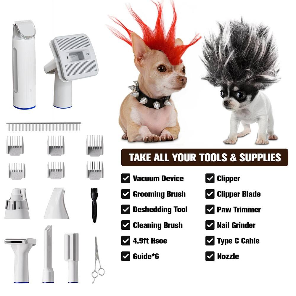 TAKE ALL YOUR TOOLS & SUPPLIES

- Vacuum Device
- Grooming Brush
- Deshedding Tool
- Cleaning Brush
- 4.9ft Hsoe
- Guide*6
- Clipper
- Clipper Blade
- Paw Trimmer
- Nail Grinder
- Type C Cable
- Nozzle