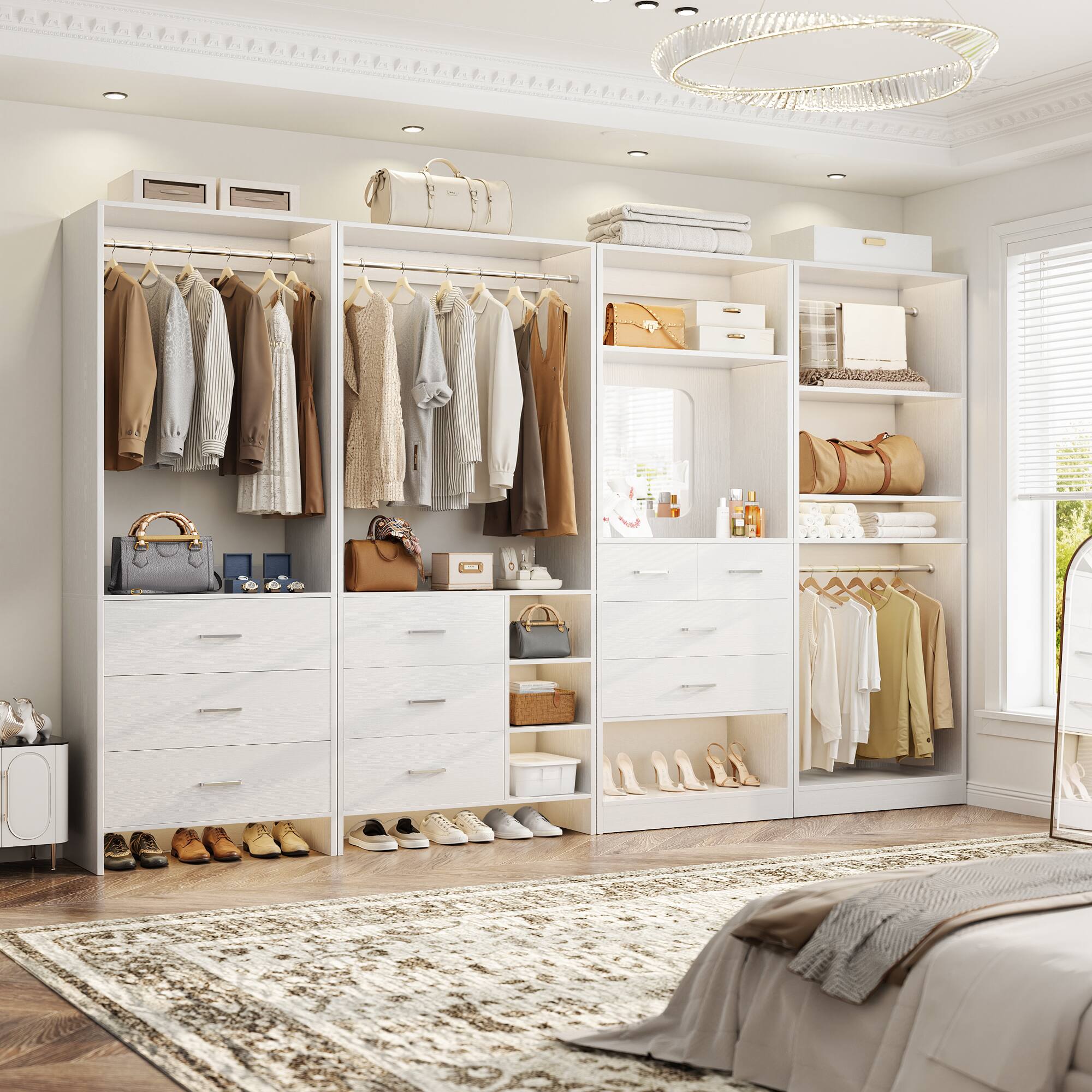 Left. Aheaplus - 104'' Width Closet Organizer System Set, with 10 Drawers, 4 Hanging Rods, 15 Open Shelves & a Mirror, 4 Packs - White.