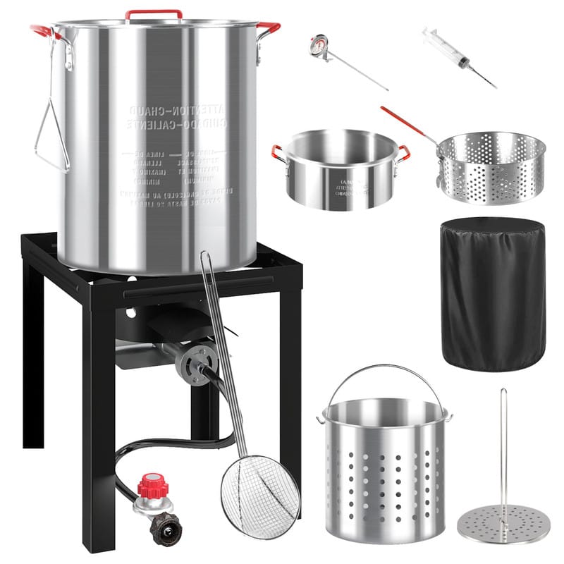 FODINGHILL - 30QT & 10QT Aluminum Turkey Fryer & Seafood Boil Pot, with Basket, Skimmer & Cover for Backyard Cooking - Silver