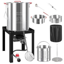 FODINGHILL - 30QT & 10QT Aluminum Turkey Fryer & Seafood Boil Pot, with Basket, Skimmer & Cover for Backyard Cooking - Silver