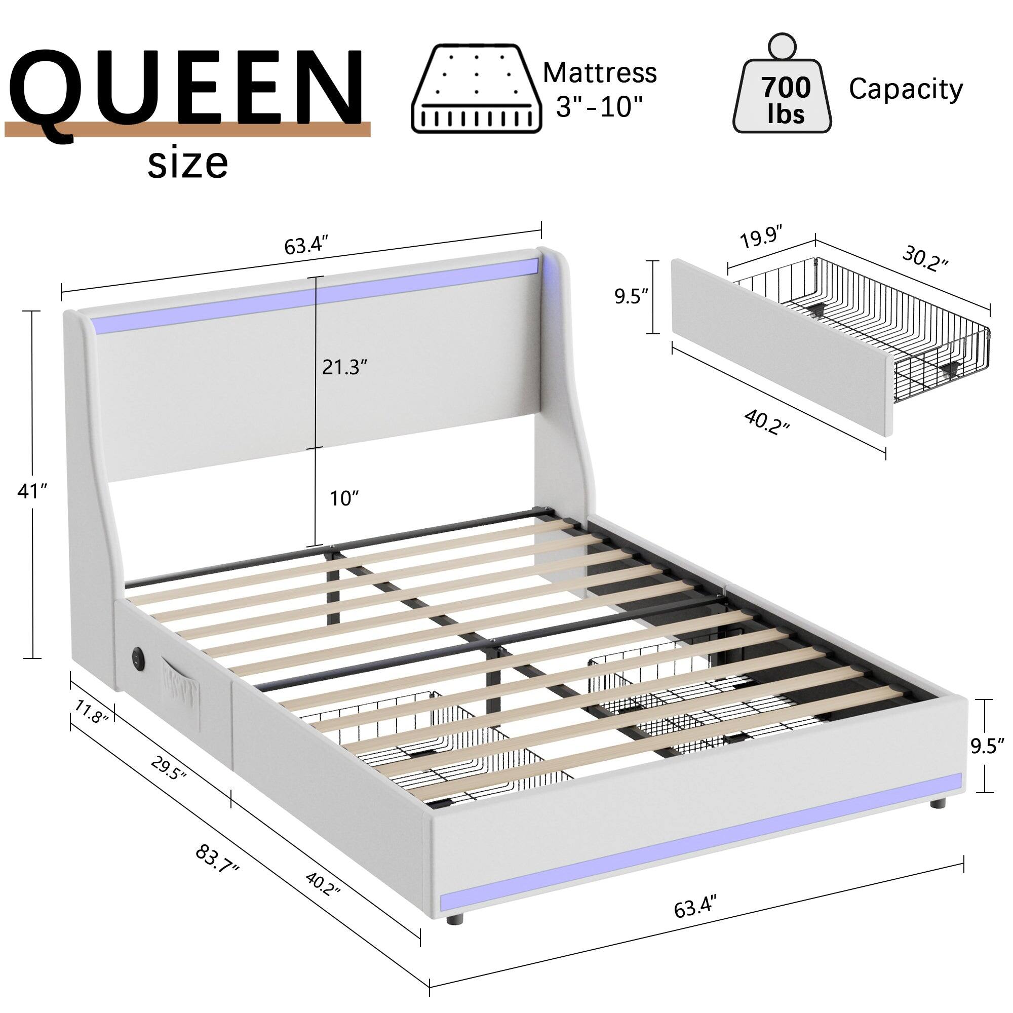 QUEEN size Mattress 3"-10" 700 Capacity lbs 63.4" 9.5" 19.9" 30.2" 21.3" 40.2" 41" 10" 11.8" 29.5" 83.7" 40.2" 63.4"