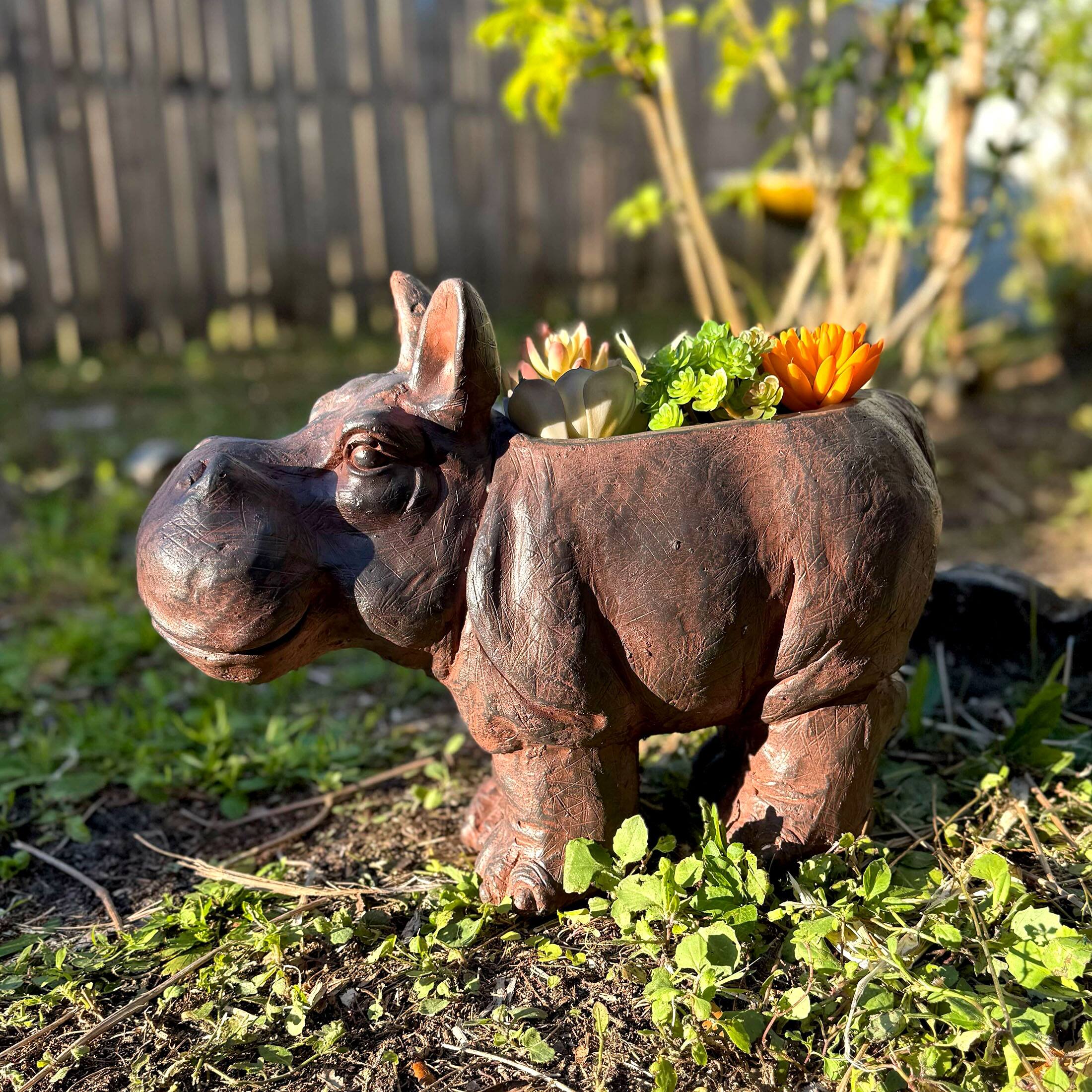 Alt View 4. Zeckos - Brown 17" Hippo MGO Planter, Durable Weatherproof Magnesium - Indoor/Outdoor - Brown.