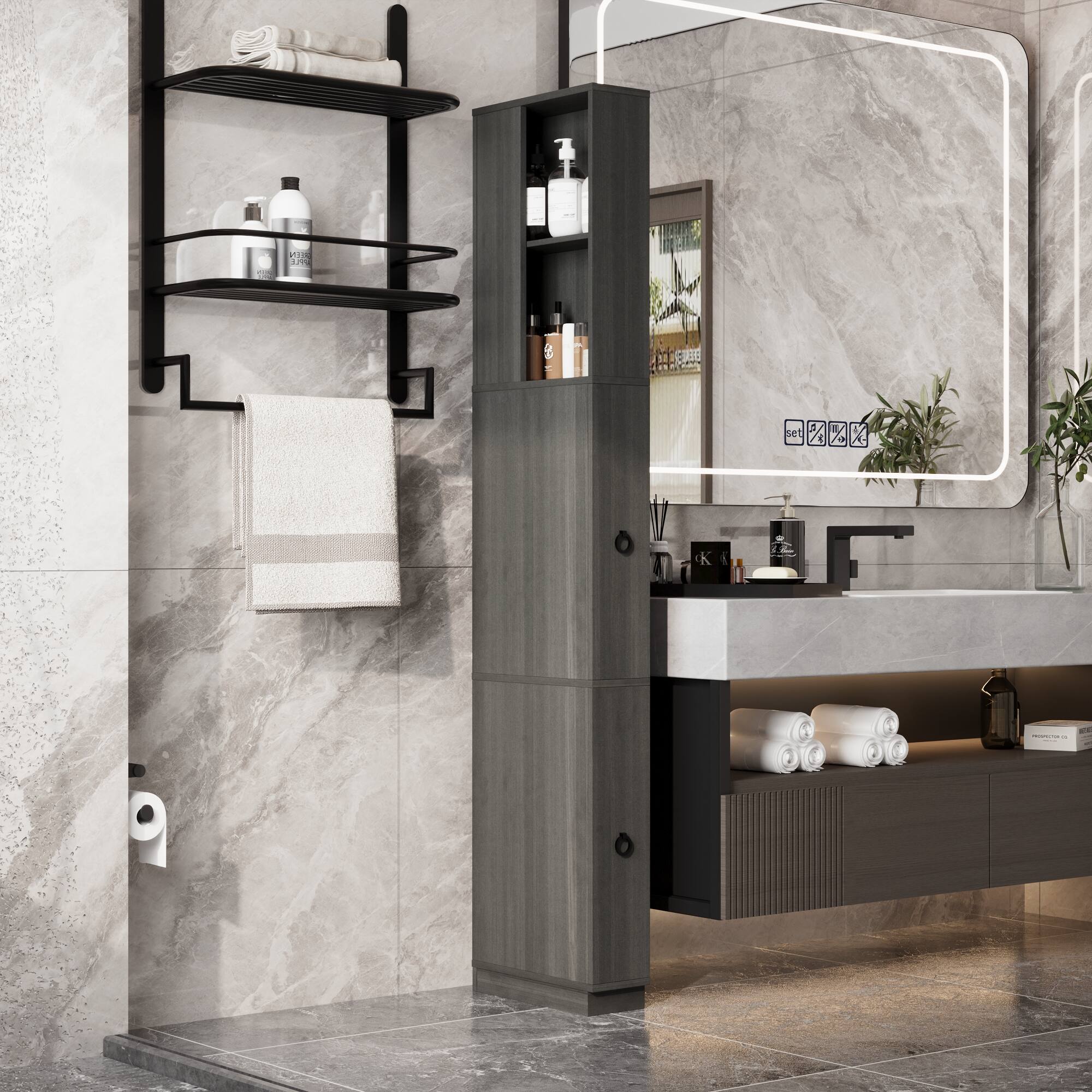 Angle. Famapy - Slim Tall Storage Cabinet with Dark Gray Wood Grain, Narrow Floor Cabinet for Bathroom, Bedroom or Closet Organization - Black.