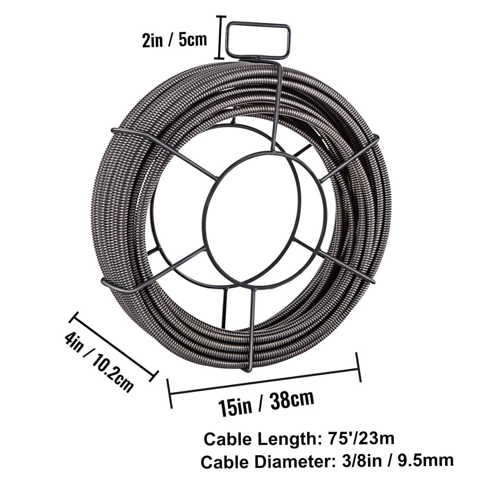 2in / 5cm  
4in / 10.2cm  
15in / 38cm  

Cable Length: 75'/23m  
Cable Diameter: 3/8in / 9.5mm