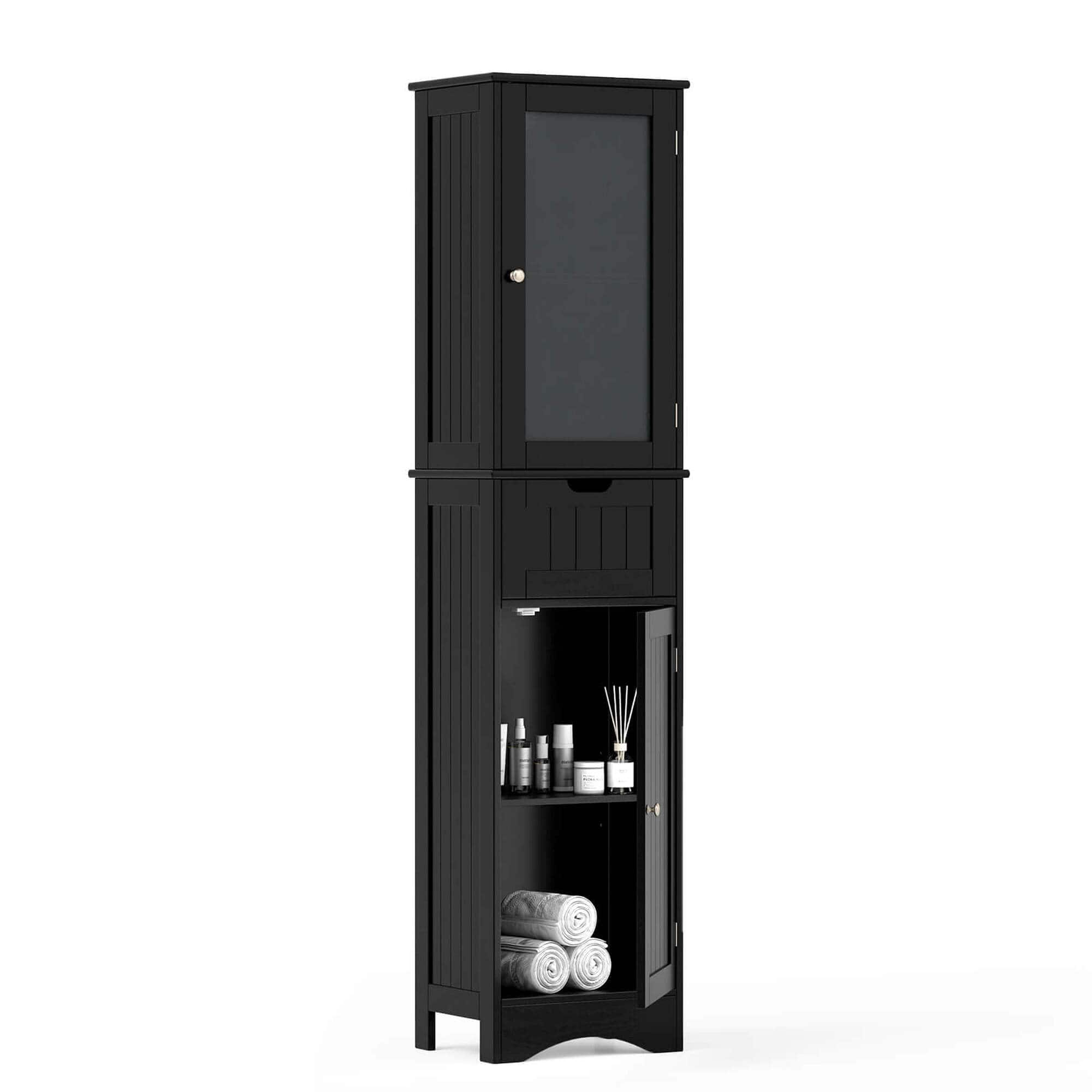 Costway - Tall Bathroom Cabinet with Adjustable Shelves Deep Drawer for Living Room - Black