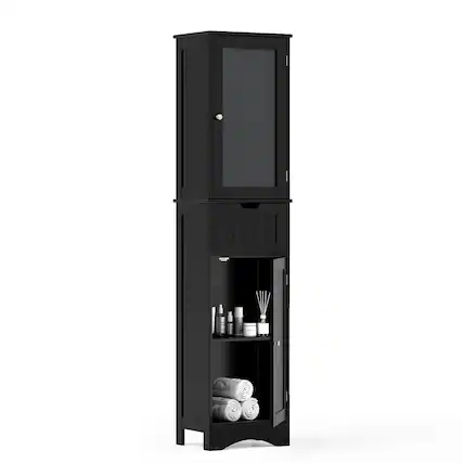 Front. Costway - Costway Tall Bathroom Cabinet with Adjustable Shelves Deep Drawer for Living Room - Black.
