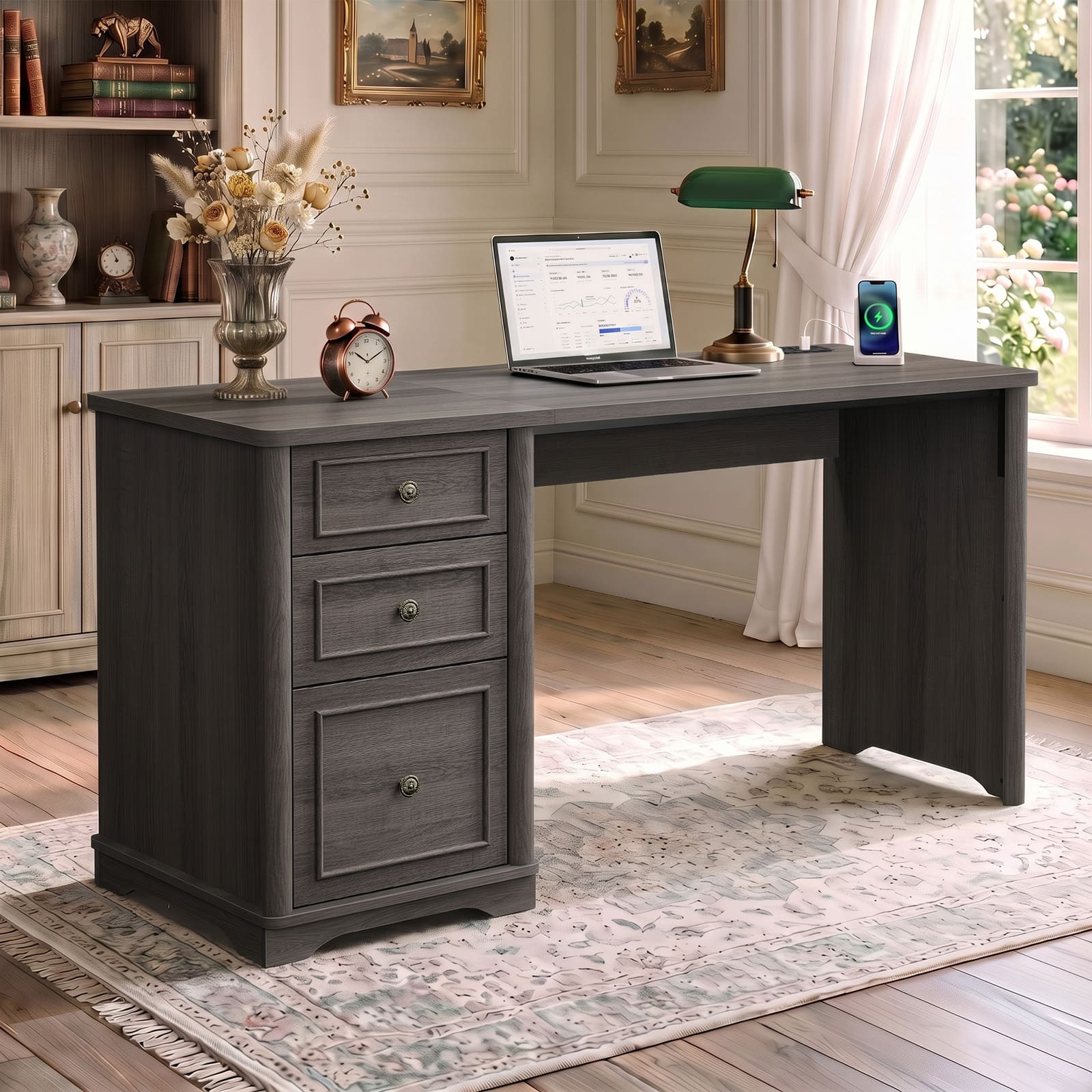 Bestier - 59'' Farmhouse Office Desk with Drawers and Charging Station, Computer Executive Desk with Storage for Home Office - Charcoal Ash