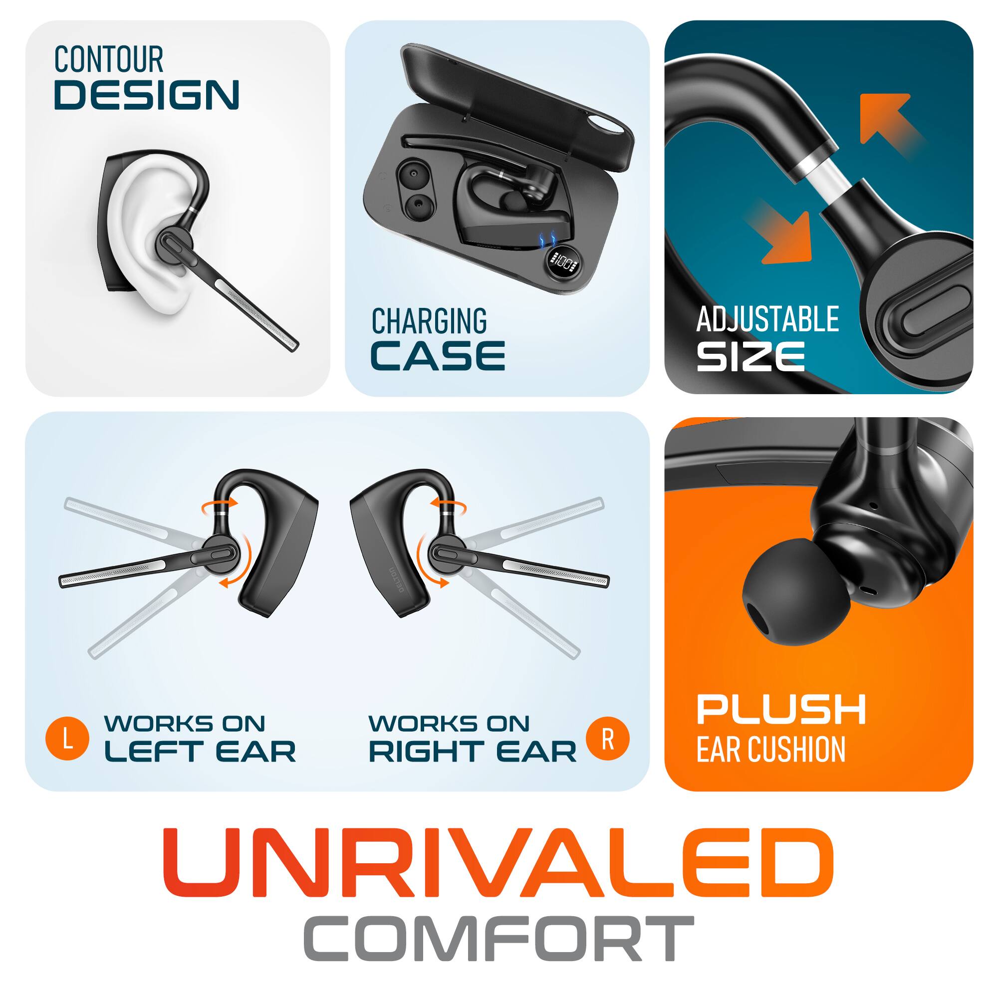 CONTOUR DESIGN, CHARGING CASE, ADJUSTABLE SIZE, WORKS ON LEFT EAR, WORKS ON RIGHT EAR, PLUSH EAR CUSHION, UNRIVALED COMFORT
