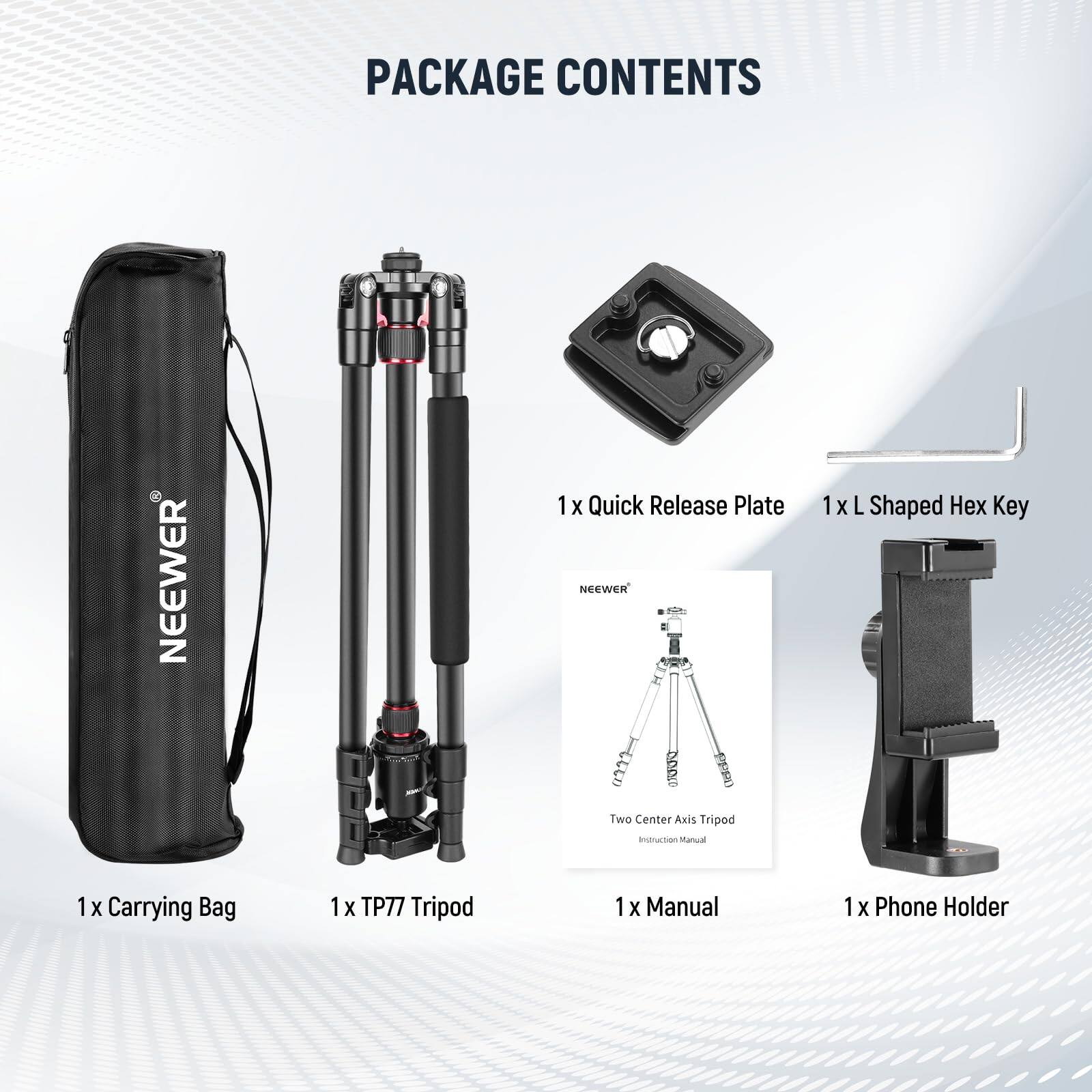 PACKAGE CONTENTS

- 1 x Quick Release Plate
- 1 x L Shaped Hex Key
- 1 x Carrying Bag
- 1 x TP77 Tripod
- 1 x Manual
- 1 x Phone Holder
