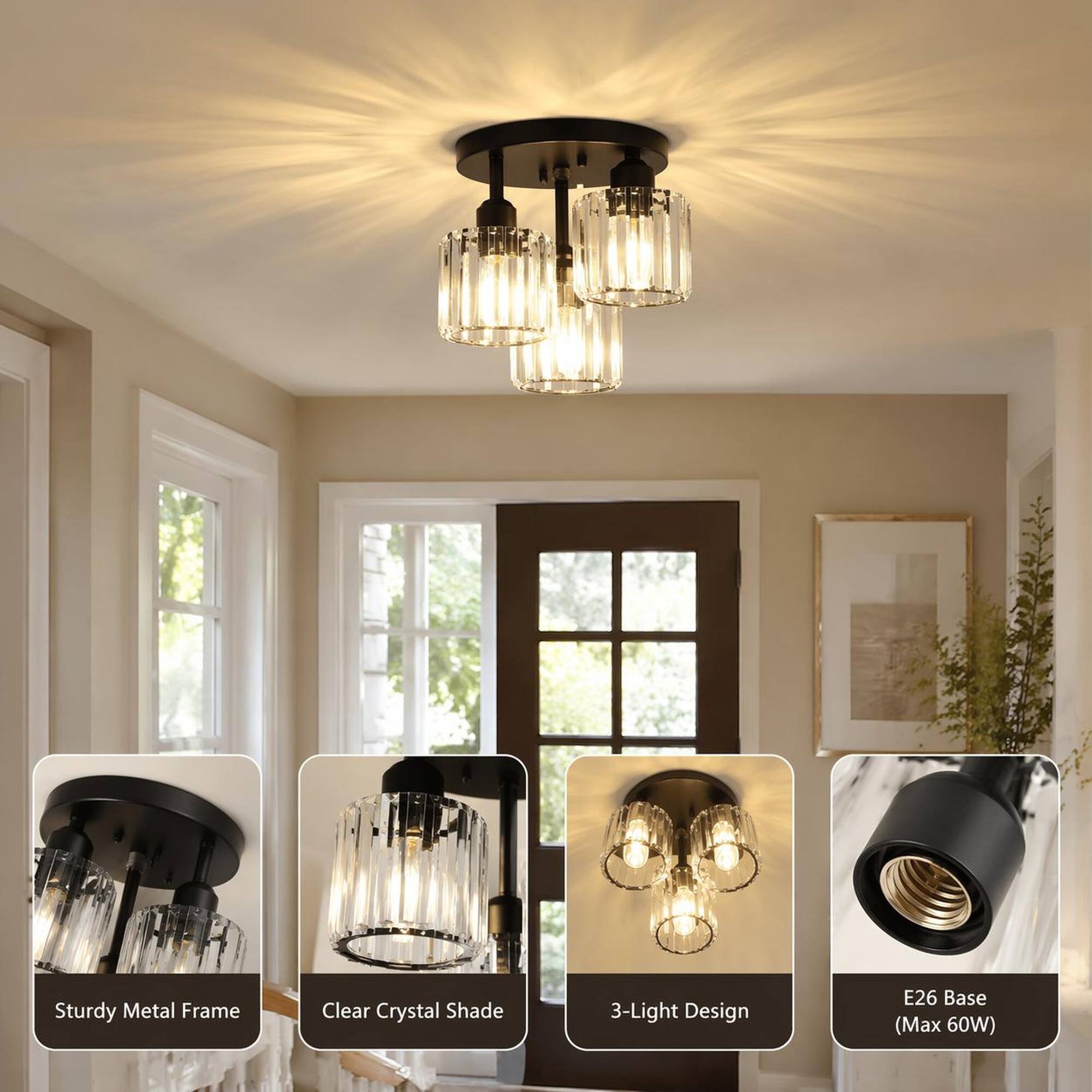Sturdy Metal Frame  
Clear Crystal Shade  
3-Light Design  
E26 Base (Max 60W)