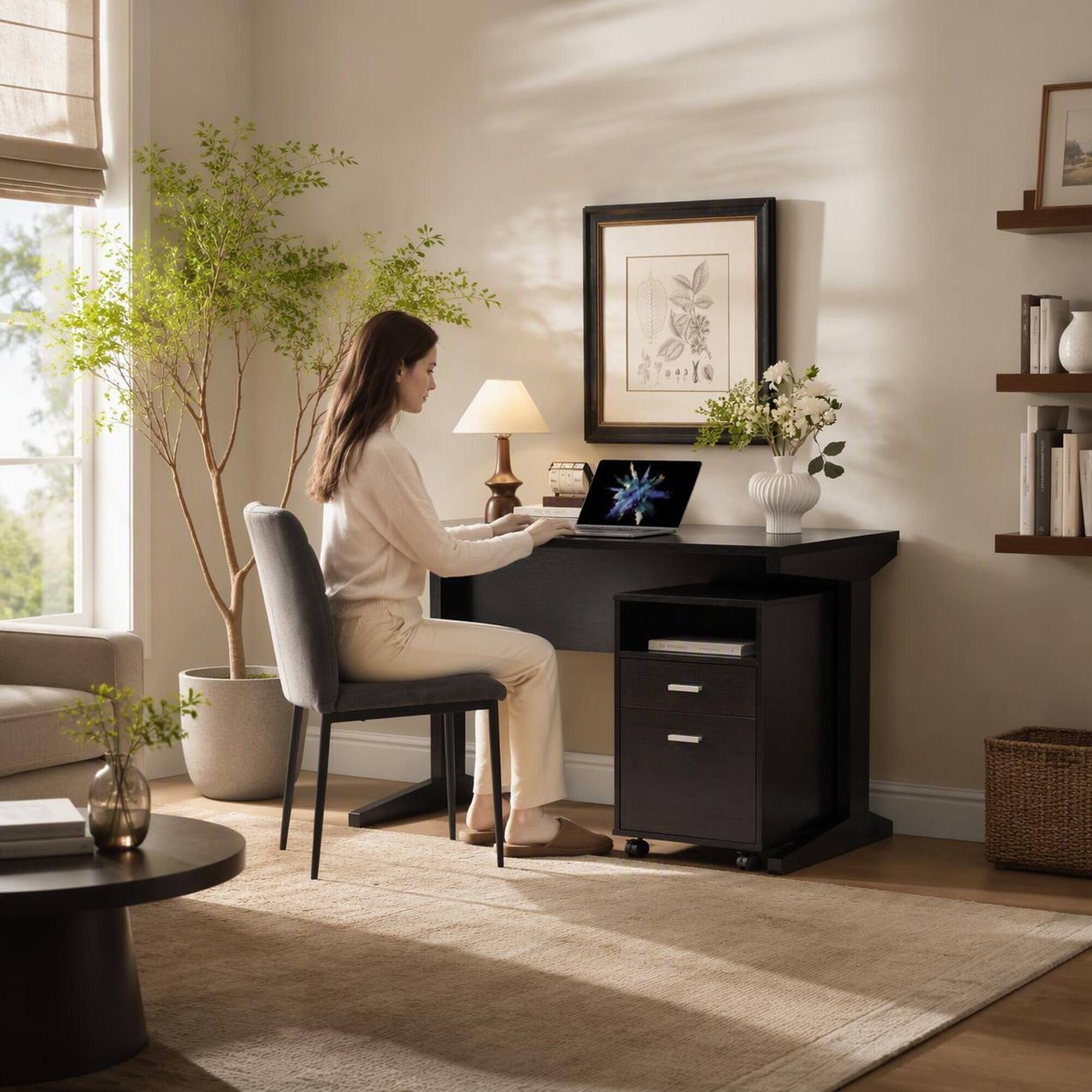 Angle. RYHNUYNE - Compact Home Office Desk, 47.25 Inch Work Surface, Red Cocoa Finish, Detached Mobile File Cabinet on Locking Wheels - Espresso.