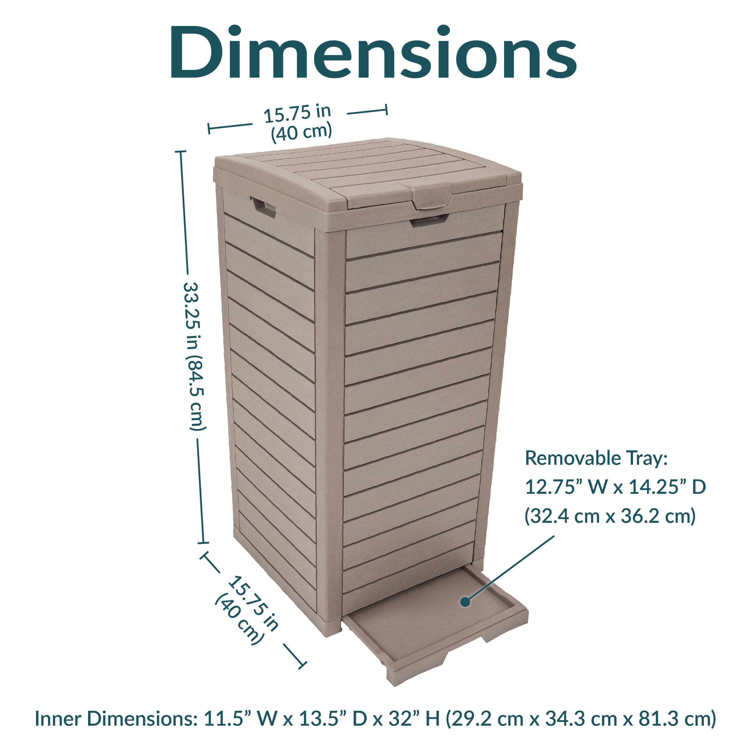 Dimensions:
- Width: 15.75 in (40 cm)
- Depth: 33.25 in (84.5 cm)
- Height: 15.75 in (40 cm)

Inner Dimensions:
- Width: 11.5 in (29.2 cm)
- Depth: 13.5 in (34.3 cm)
- Height: 32 in (81.3 cm)

Removable Tray:
- Width: 12.75 in (32.4 cm)
- Depth: 14.25 in (36.2 cm)
