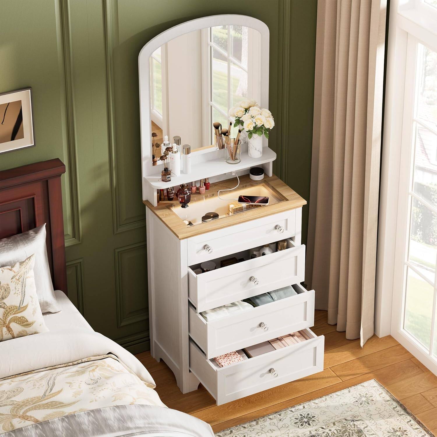 Front. GARVEE - White Dresser with Mirror, 4 Drawer Storage Cabinet with Crystal Knobs for Bedroom, Living Room, Entryway - White.