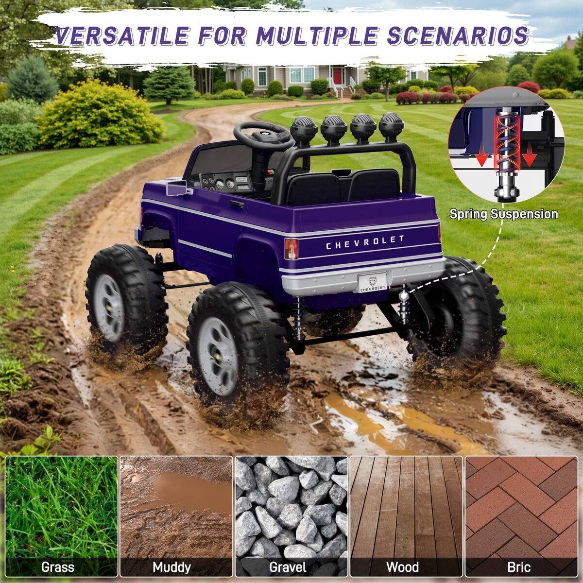 VERSATILE FOR MULTIPLE SCENARIOS

CHEVROLET

Spring Suspension

Grass
Muddy
Gravel
Wood
Brick
