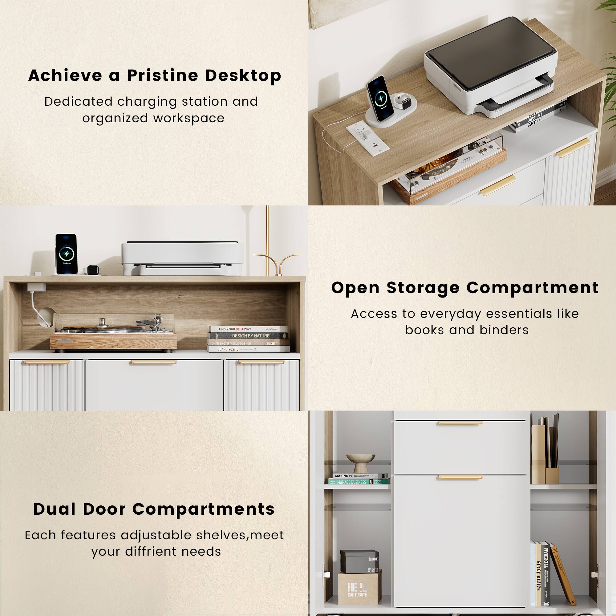 Achieve a Pristine Desktop  
Dedicated charging station and organized workspace

Open Storage Compartment  
Access to everyday essentials like books and binders

Dual Door Compartments  
Each features adjustable shelves, meet your different needs