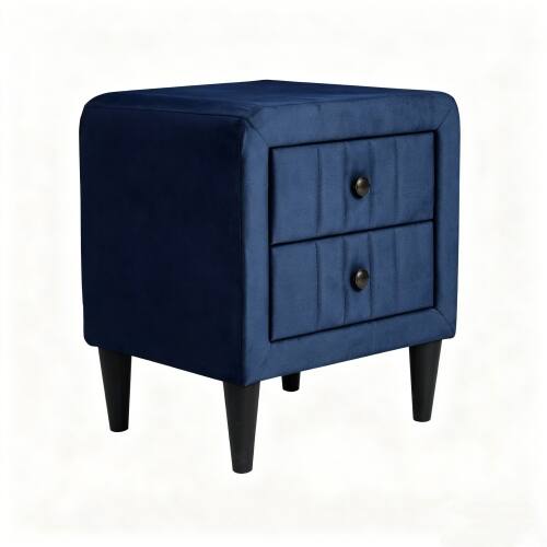 Back. LUCKY ONE - 20" Assembled Velvet Nightstand 2-Drawer Navy Blue Tapered Legs - Navy Blue.