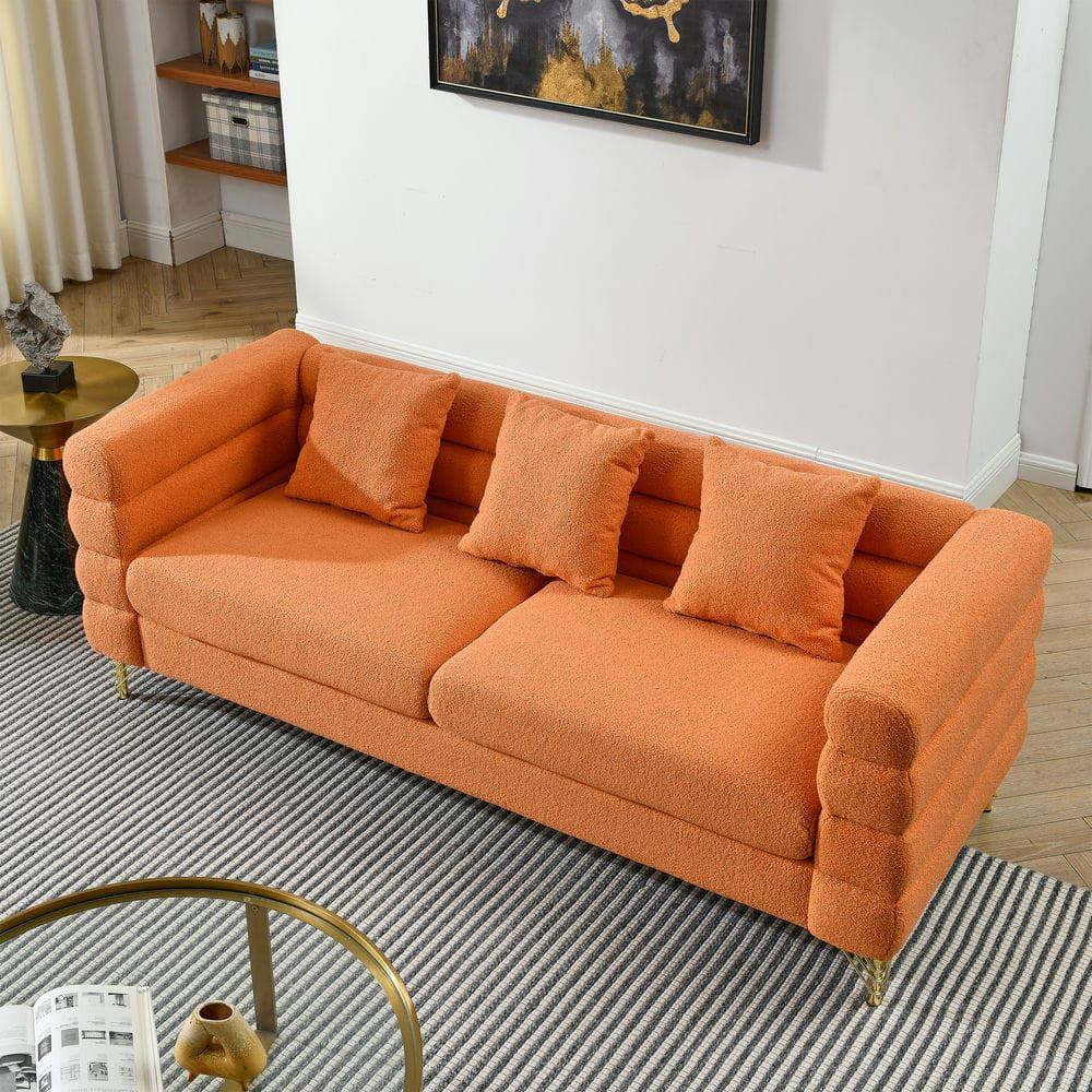 Alt View 1. Kadyn - 81" 3-Seater Sectional Sofa, Plush Teddy Fabric with Deep Comfort and 3 Included Pillows, Orange - Orange.