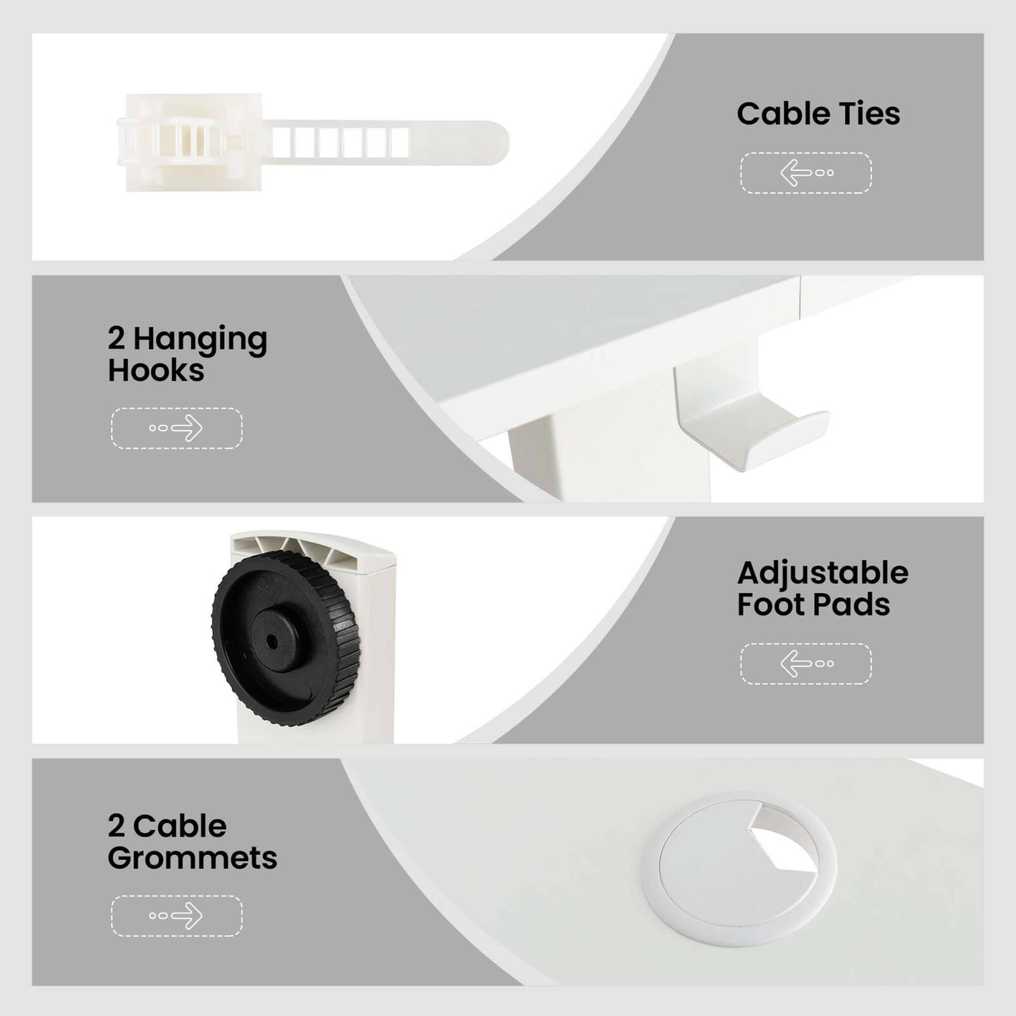 Cable Ties 2 Hanging Hooks Adjustable Foot Pads 2 Cable Grommets