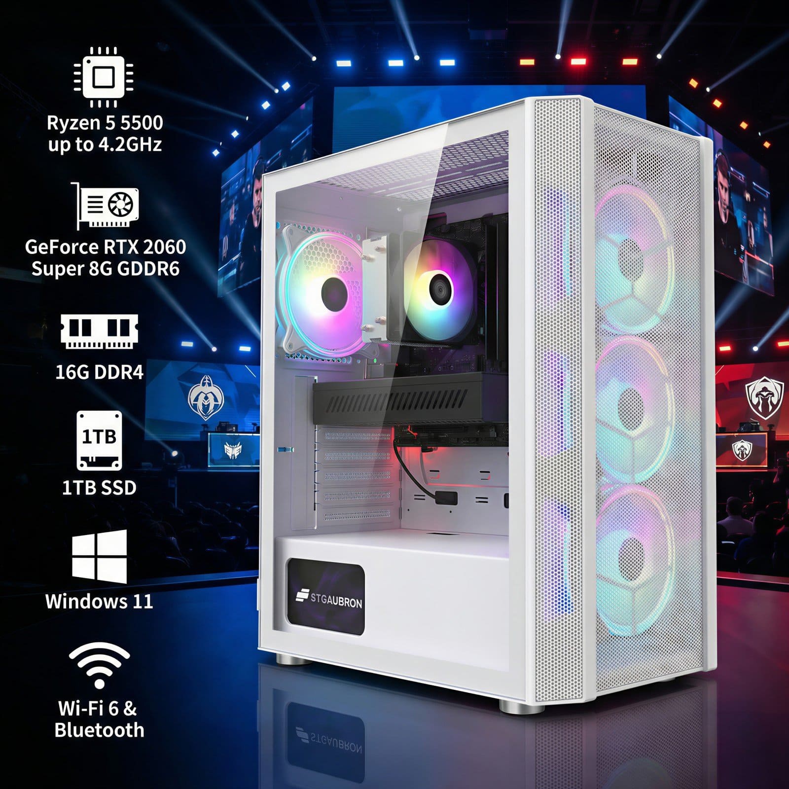 STGAubron Gaming PC Computer Desktop, Ryzen 5 5500 up to 4.2GHz