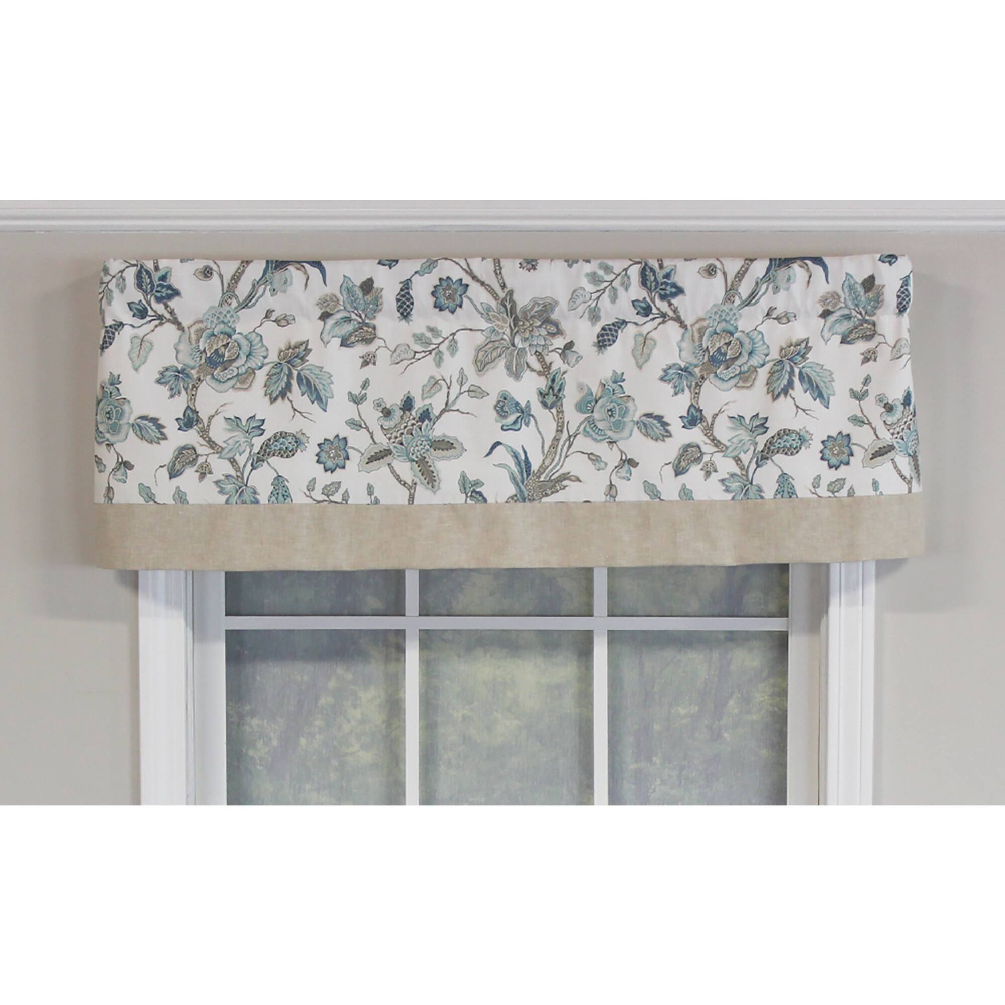 Angle. RLF Home - RLF Home Gianna Banded Valance Spa. 3" Rod Pocket, Contrast bottom banding. 50" x 16" - Spa.