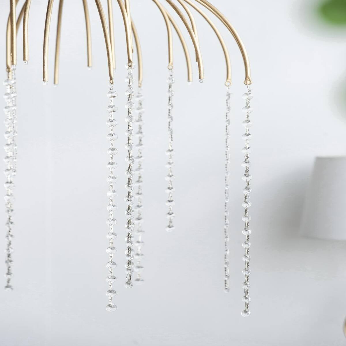 Left. Loheer - Loheer Vintage Gold Glass Bead Chandelier, Umbrella Shaped Hanging Light, 20 in. Wide.