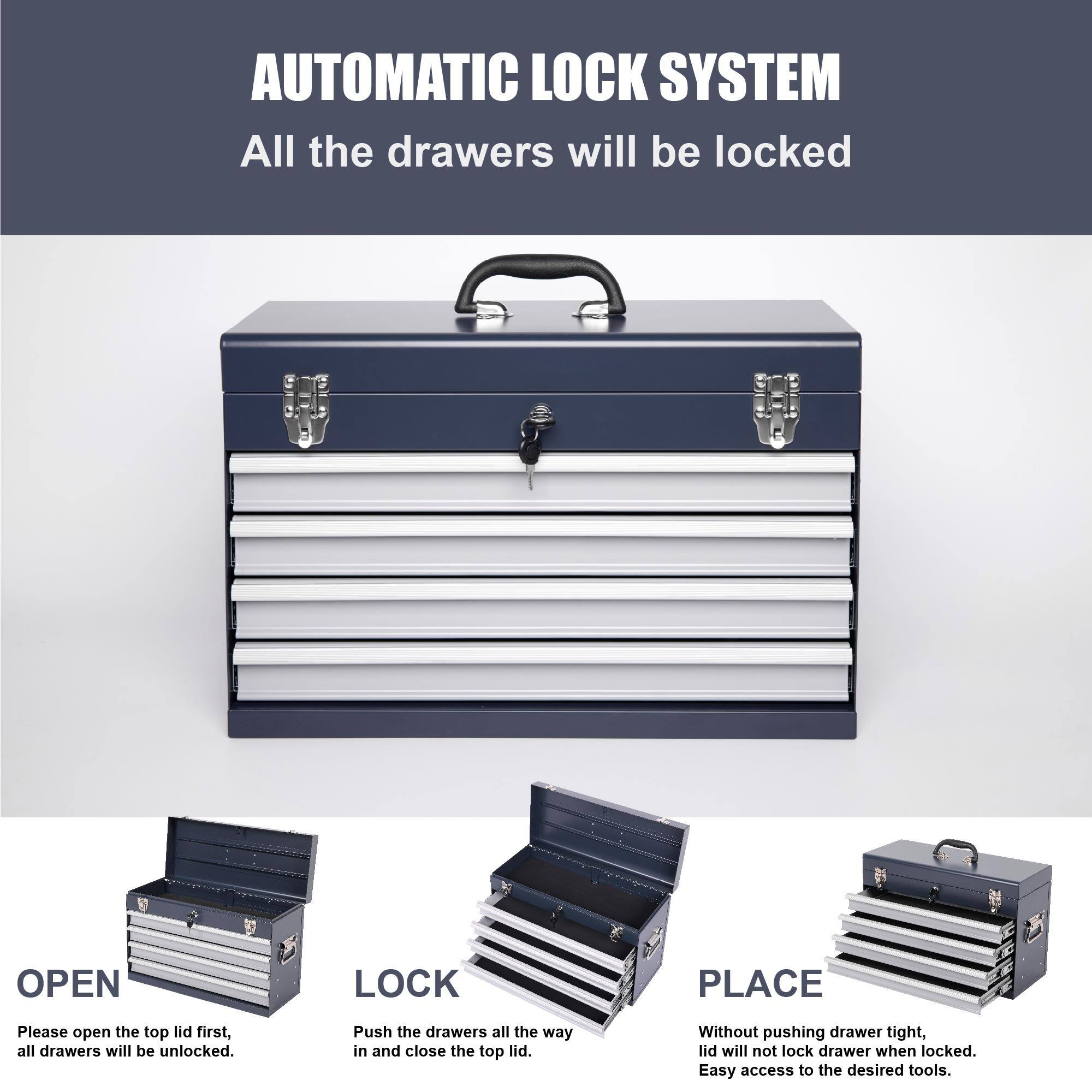 AUTOMATIC LOCK SYSTEM  
All the drawers will be locked

OPEN  
Please open the top lid first, all drawers will be unlocked.

LOCK  
Push the drawers all the way in and close the top lid.

PLACE  
Without pushing drawer tight, lid will not lock drawer when locked.  
Easy access to the desired tools.