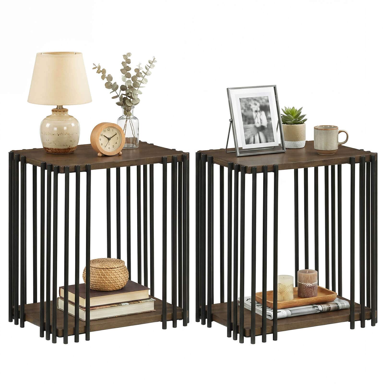 Front. Costway - Costway 2 PCS Rubber Wood Side Table with 2-Layer Storage Shelves Metal Frame for Bedroom - Walnut,Black.