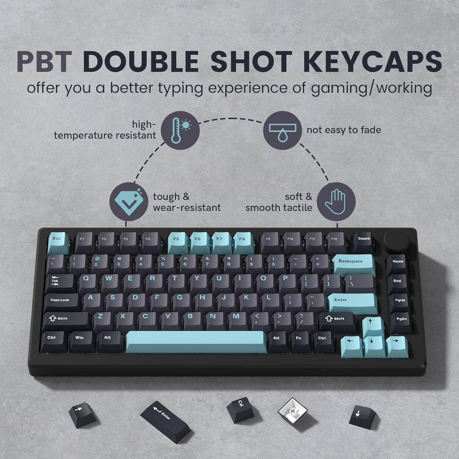 PBT DOUBLE SHOT KEYCAPS offer you a better typing experience of gaming/working

- high-temperature resistant
- not easy to fade
- tough & wear-resistant
- soft & smooth tactile

Keycaps shown: ESC, F1-F12, 1-0, Q-W-E-R-T-Y-U-I-O-P, A-S-D-F-G-H-J-K-L, Z-X-C-V-B-N-M, Backspace, Enter, Shift, Ctrl, Alt, Win, Home, End, PgUp, PgDn