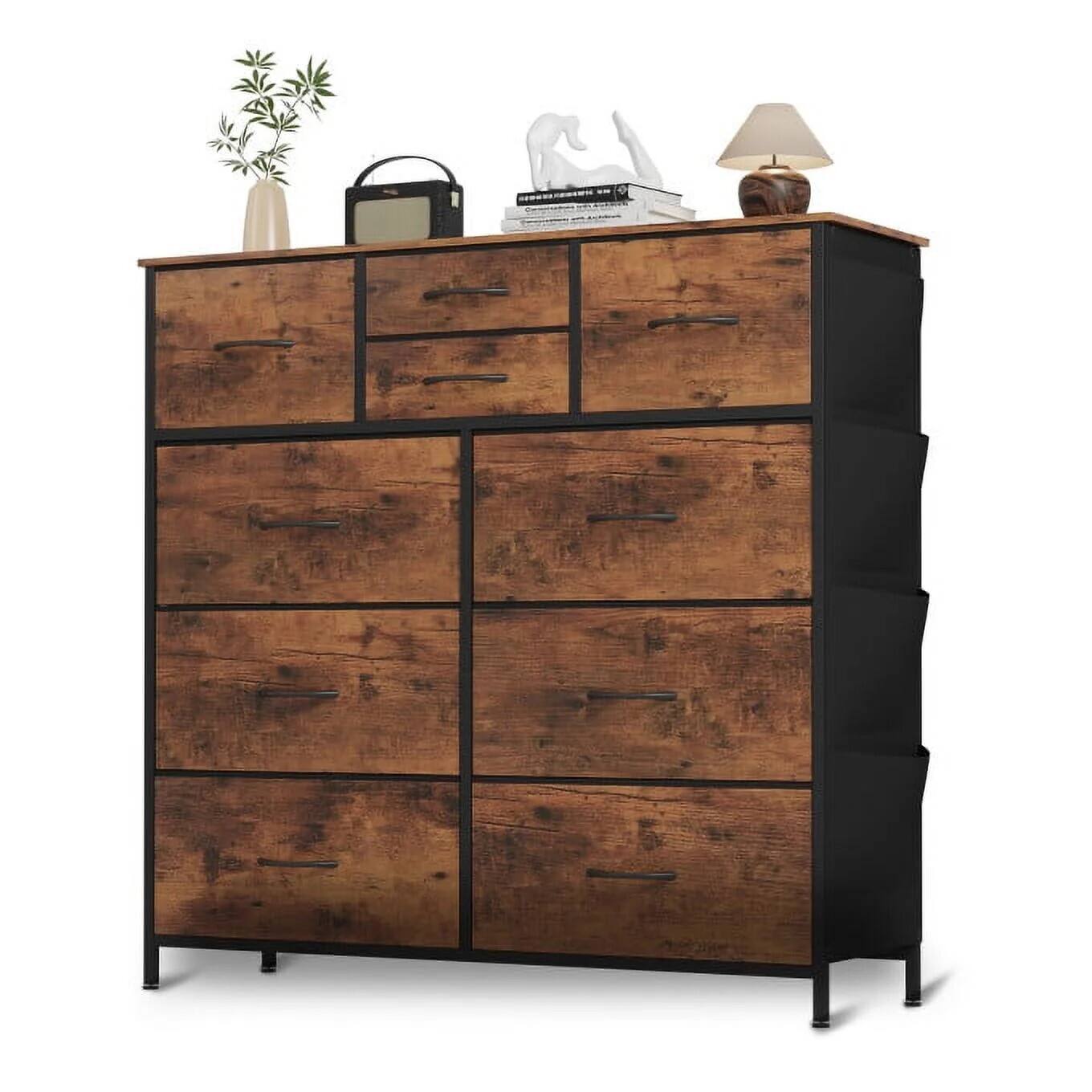 Front. SKONYON - 10-Drawer Dresser for Bedroom, Fabric Storage Organizer Unit for Living Room and Hallway - Rustic Brown.