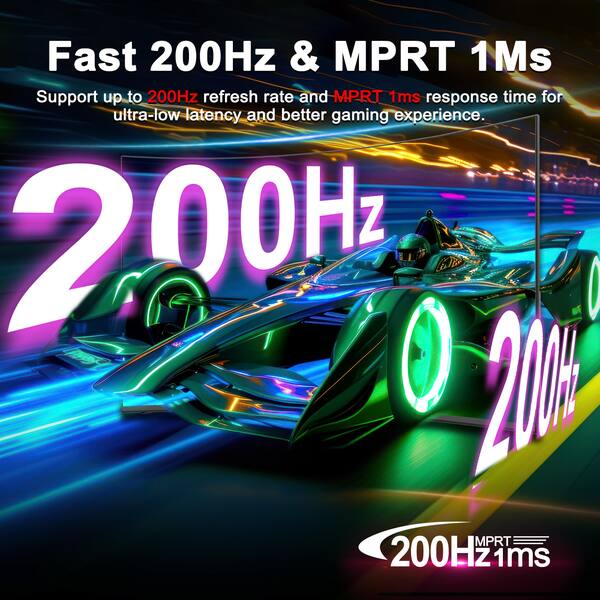 Fast 200Hz & MPRT 1Ms  
Support up to 200Hz refresh rate and MPRT 1ms response time for ultra-low latency and better gaming experience.  

200Hz  
200Hz  
MPRT 1ms