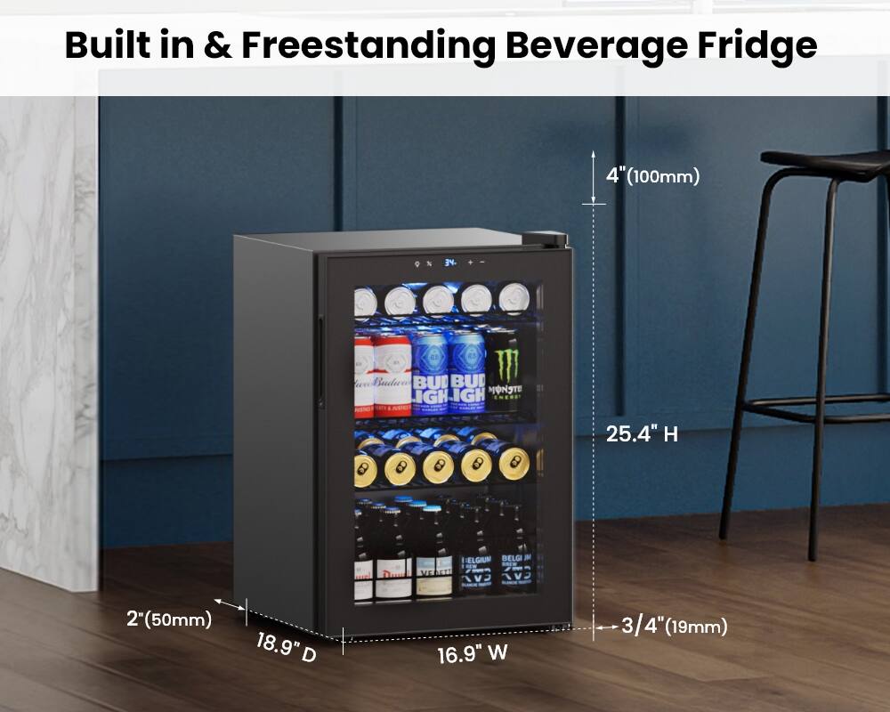 Built in & Freestanding Beverage Fridge

- Height: 25.4" (645mm)
- Width: 16.9" (430mm)
- Depth: 18.9" (480mm)
- Clearance: 4" (100mm) from wall
- Clearance: 2" (50mm) from floor
- Clearance: 3/4" (19mm) from other objects