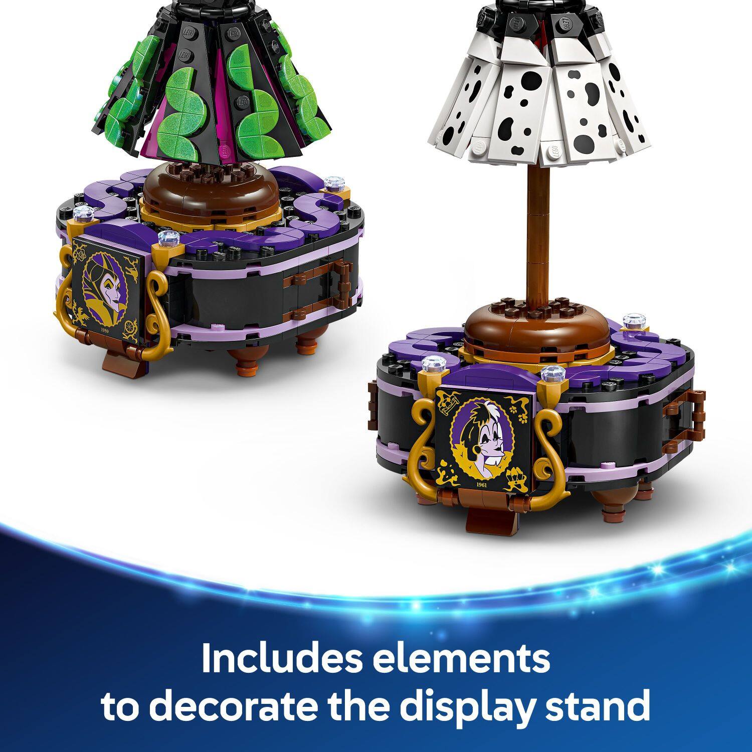 The image features two small decorative items, one of which is a lamp and the other is a box. Both items are designed to be displayed on a stand, and the image also includes elements to decorate the display stand. The stand is likely intended to showcase these decorative items in an appealing manner.