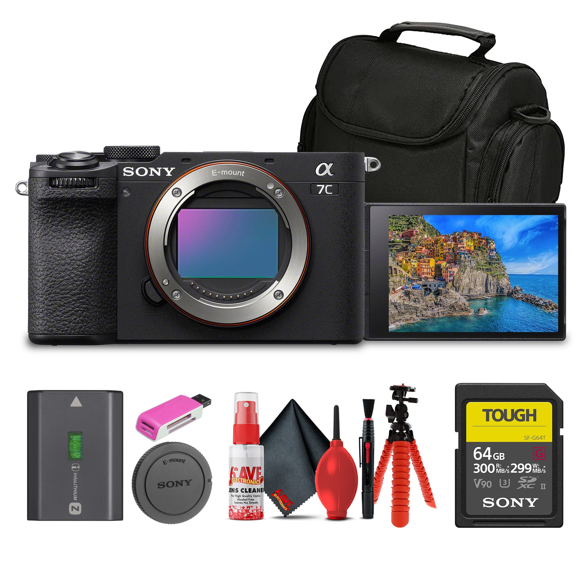 Sony - Alpha 7C II Mirrorless Camera Bundle + 64GB Tough Memory Card + Bag + Tripod + Cleaning Kit + Accessories - Black