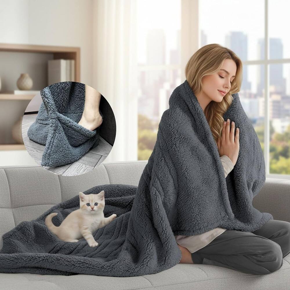 Angle. MOSZAR LLC - Heated Throw Blanket with Foot Pockets – 4 Heat Levels, Grey - Grey.