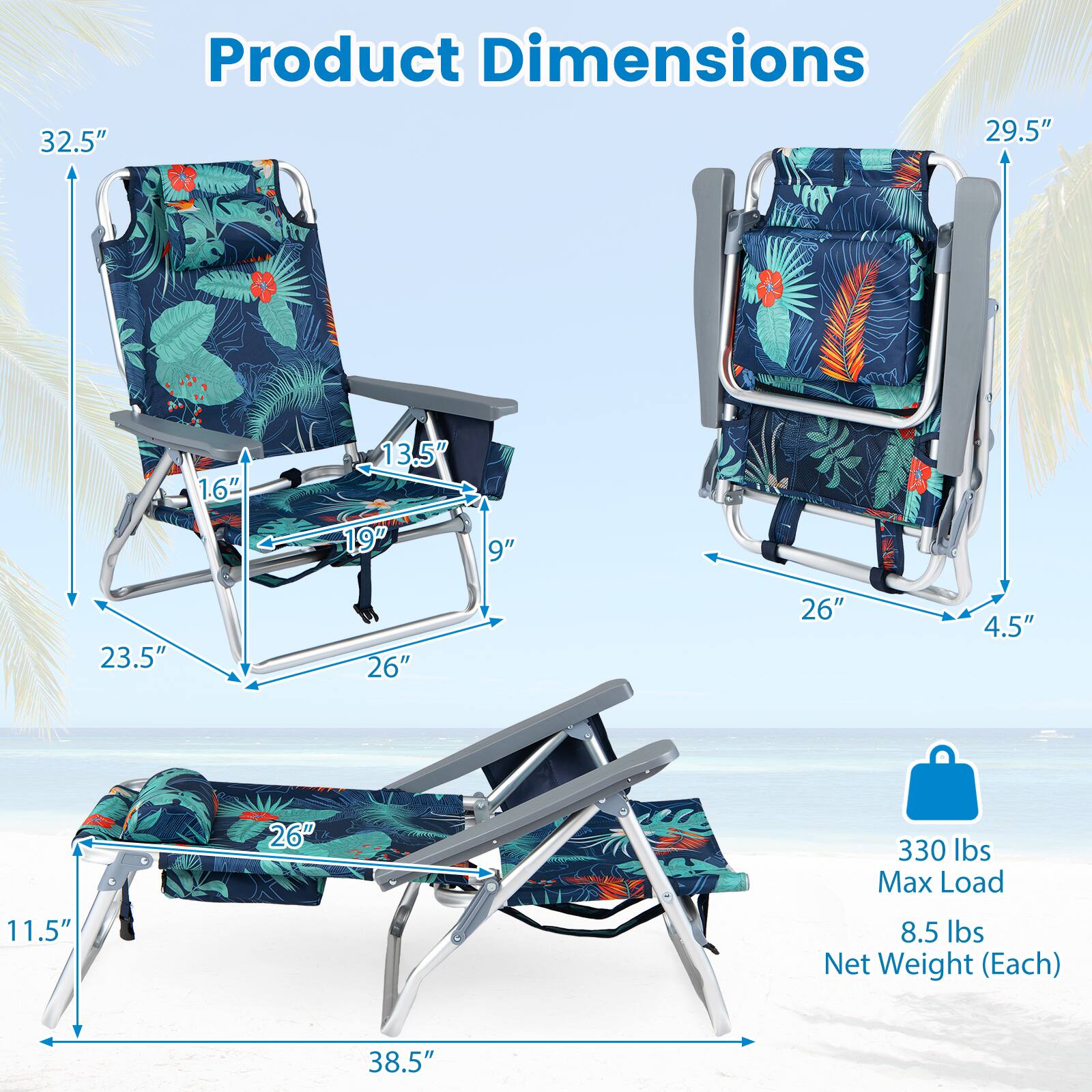 Product Dimensions

- 32.5" (Height)
- 29.5" (Folded Height)
- 13.5" (Seat Width)
- 19" (Seat Depth)
- 9" (Armrest Height)
- 23.5" (Folded Length)
- 26" (Seat Back Height)
- 26" (Seat Back Width)
- 4.5" (Leg Height)
- 11.5" (Leg Width)
- 38.5" (Folded Width)

Max Load: 330 lbs

Net Weight (Each): 8.5 lbs