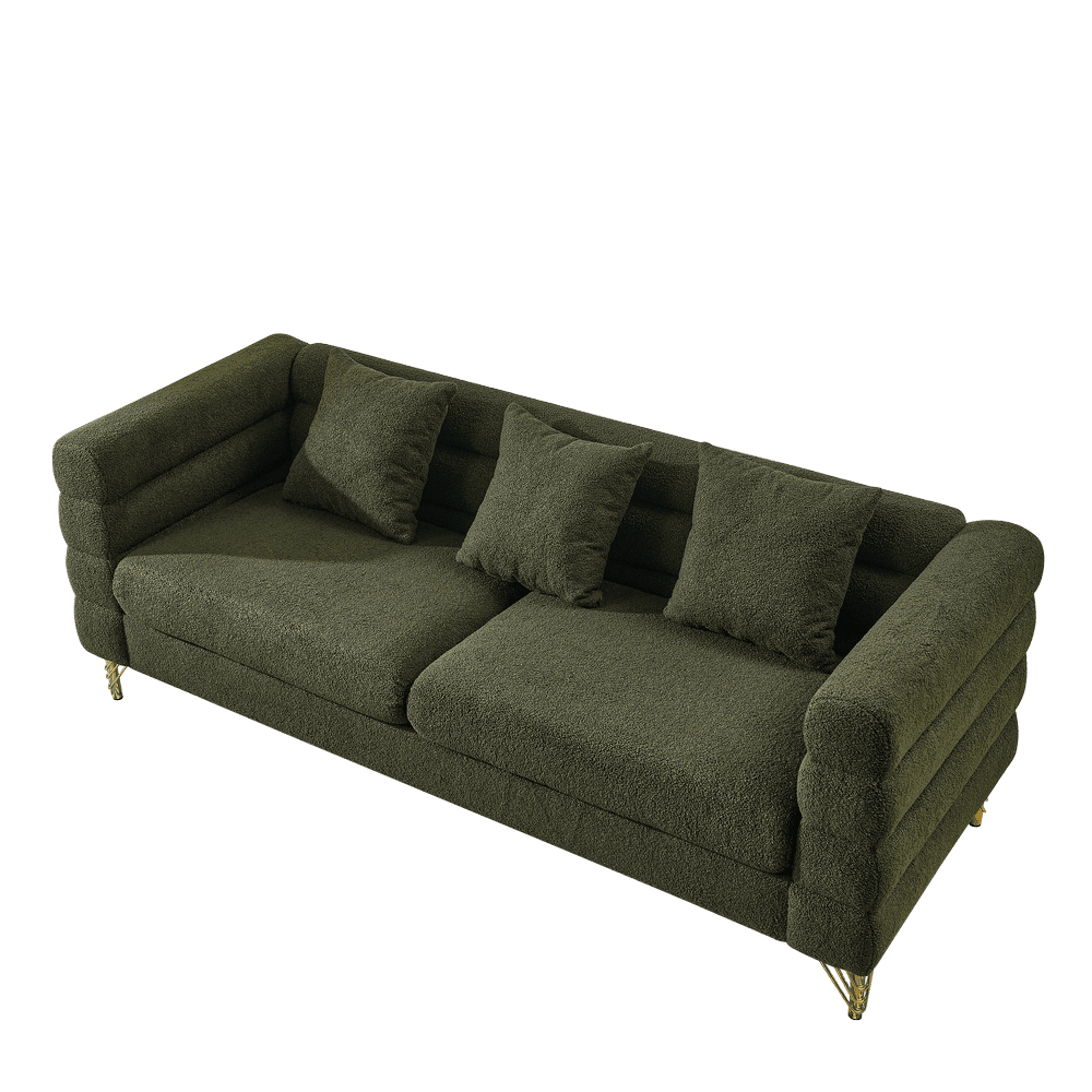 Alt View 6. Kadyn - 81" 3-Seater Sectional Sofa, Oversized Teddy Fabric with Deep Seating and 3 Accent Pillows, Green - Green.