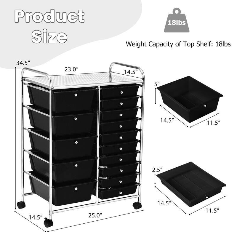Product Size: 34.5" x 23.0" x 14.5"  
Weight Capacity of Top Shelf: 18lbs  
Drawer Dimensions: 14.5" x 11.5" x 5"  
Top Shelf Dimensions: 14.5" x 11.5" x 2.5"  
Overall Dimensions: 14.5" x 25.0"