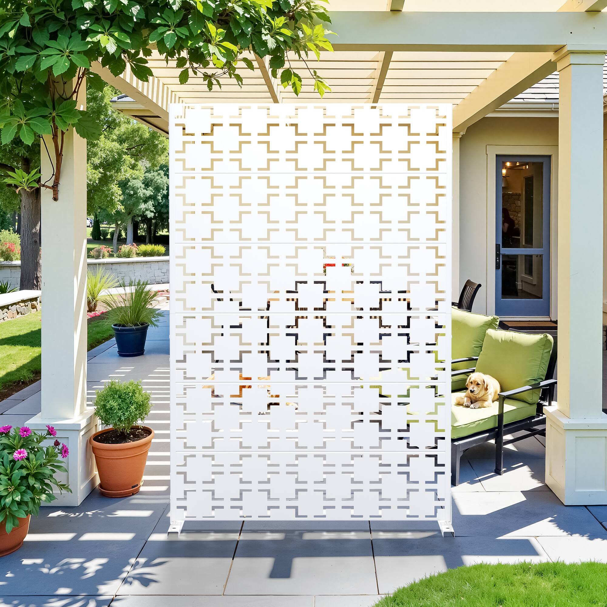 Alt View 3. PexFix - 72 in. x 47 in. Square Pattern Metal Outdoor Privacy Screen & Panels, Freestanding Garden Divider Fence - White.