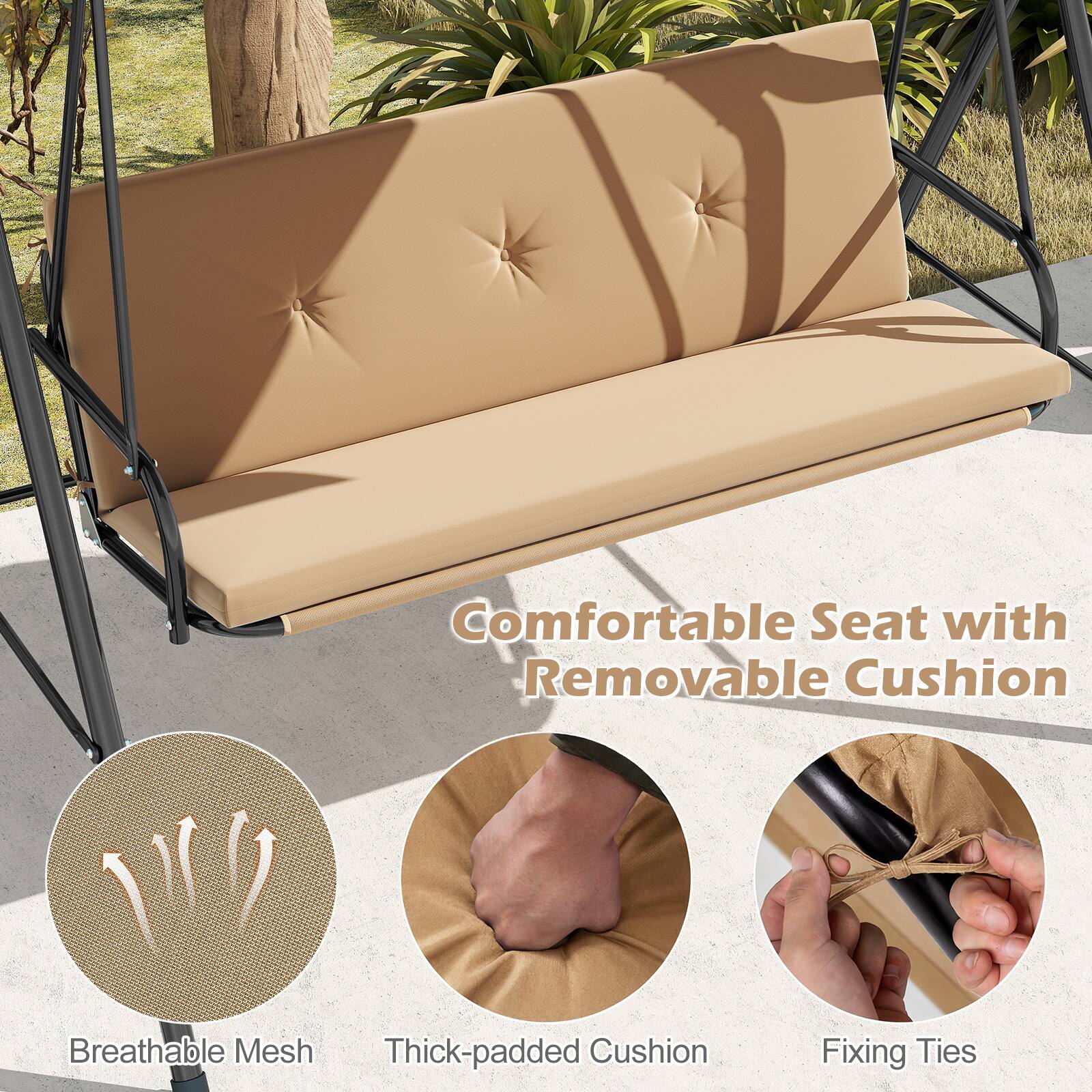 Comfortable Seat with Removable Cushion  
Breathable Mesh  
Thick-padded Cushion  
Fixing Ties