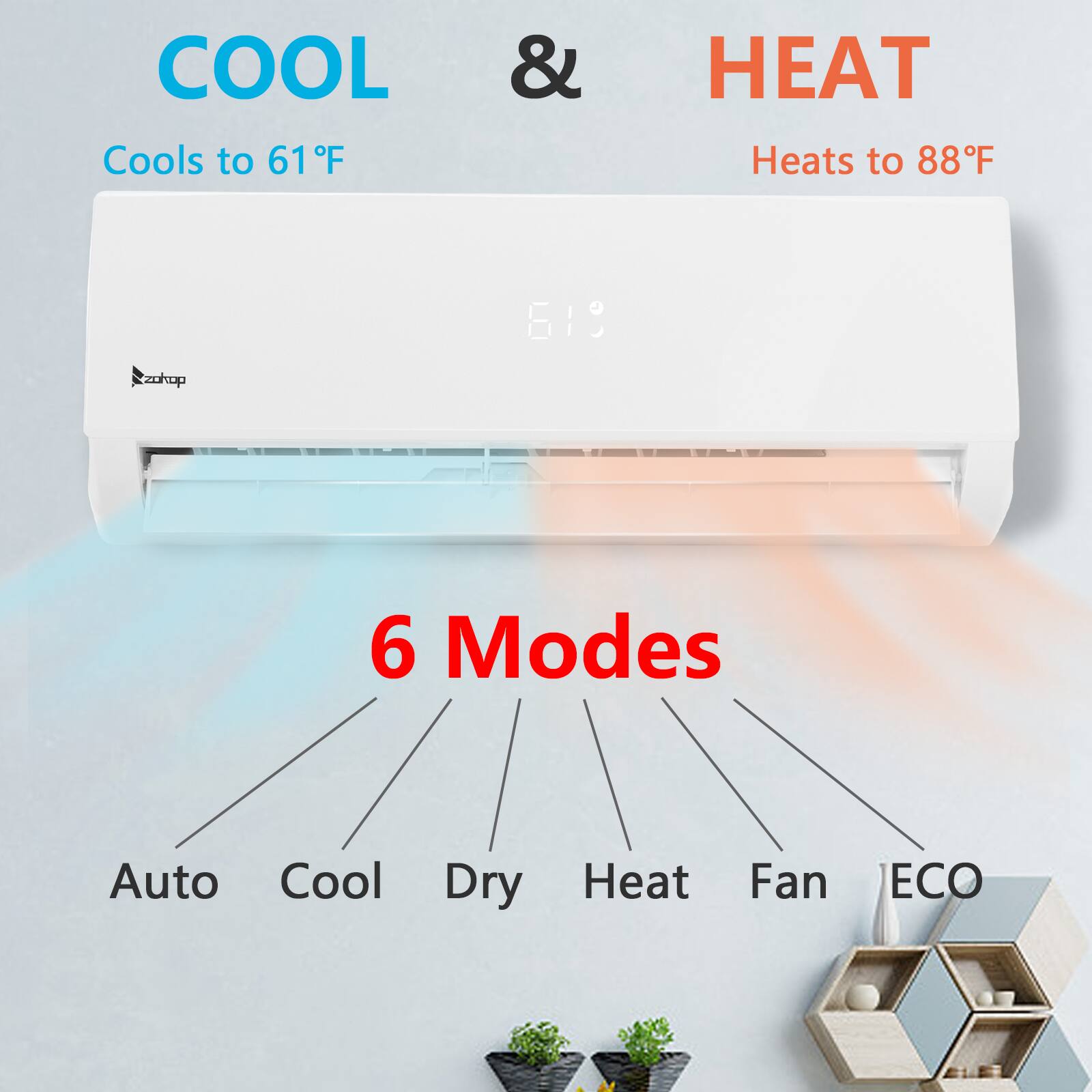 COOL & HEAT  
Cools to 61°F  
Heats to 88°F  

6 Modes  
Auto  
Cool  
Dry  
Heat  
Fan  
ECO