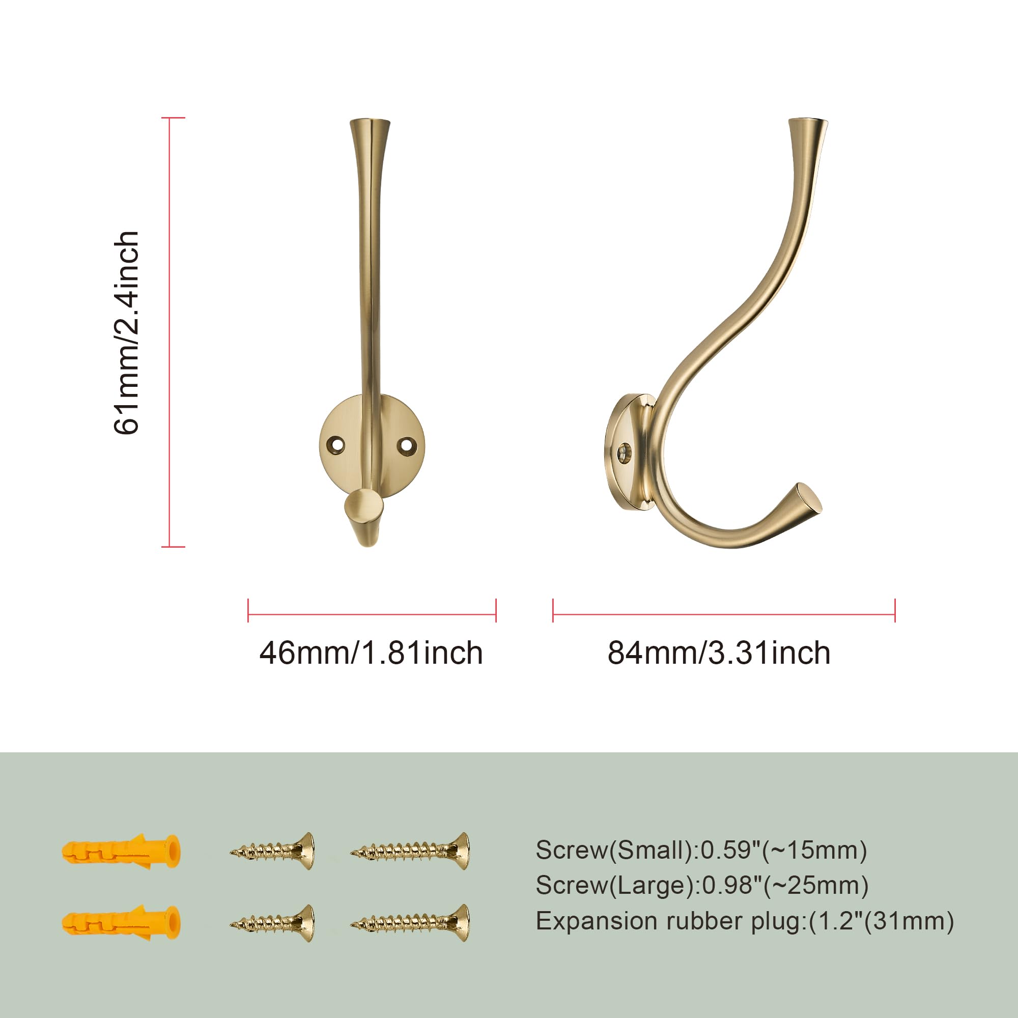 - 61mm/2.4inch
- 46mm/1.81inch
- 84mm/3.31inch

Screw (Small): 0.59" (~15mm)
Screw (Large): 0.98" (~25mm)

Expansion rubber plug: 1.2" (31mm)